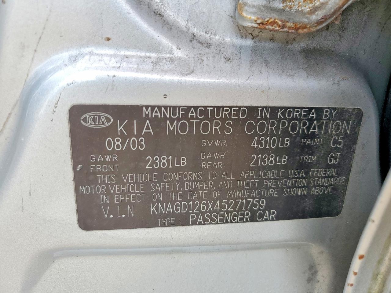 2004 Kia Optima Lx Silver vin: KNAGD126X45271759