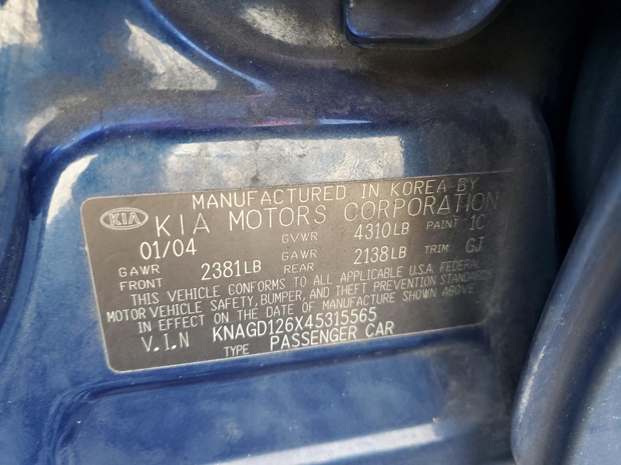 2004 Kia Optima Lx Blue vin: KNAGD126X45315565
