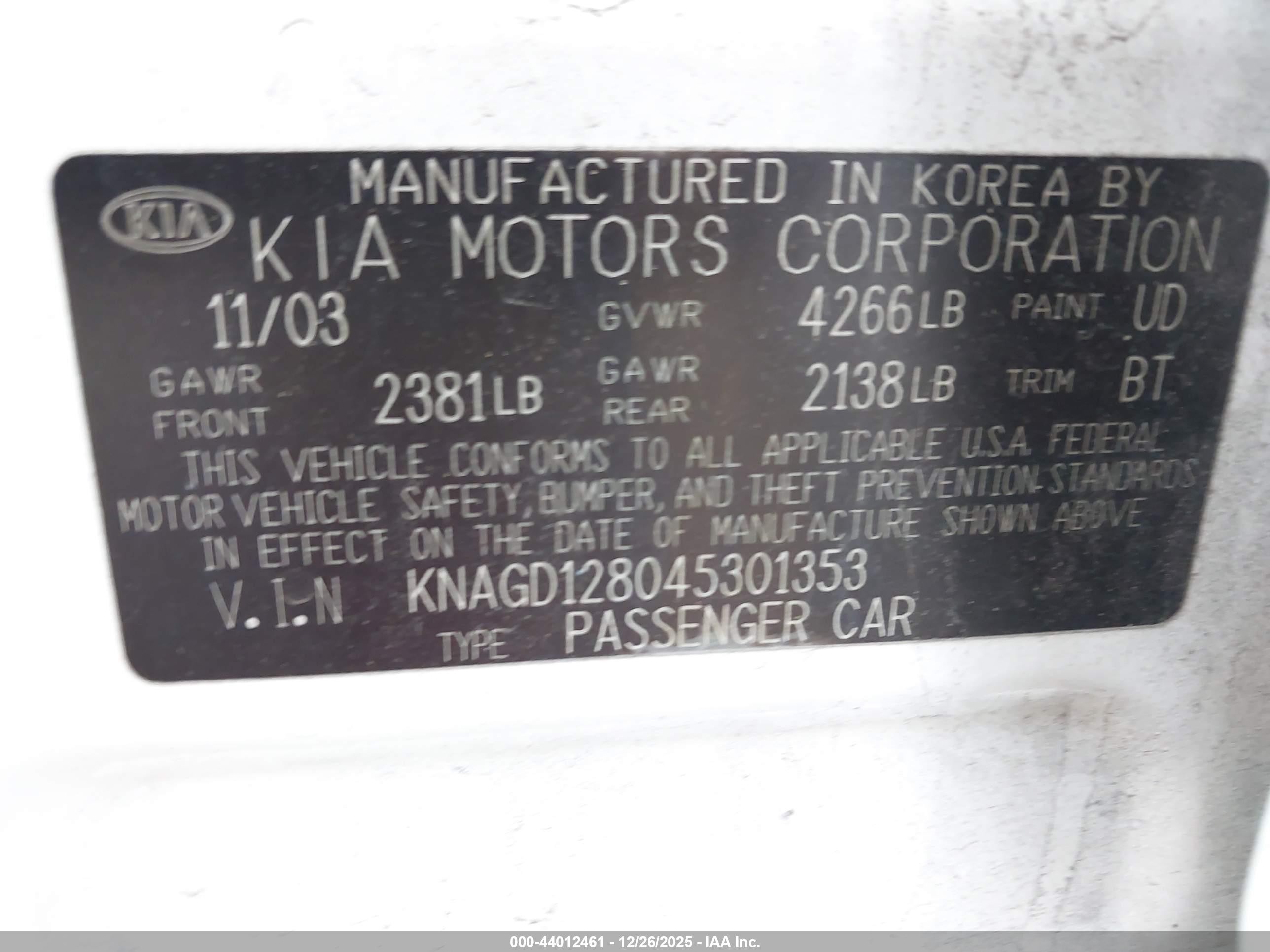 2004 Kia Optima Ex V6/lx V6 Белый vin: KNAGD128045301353