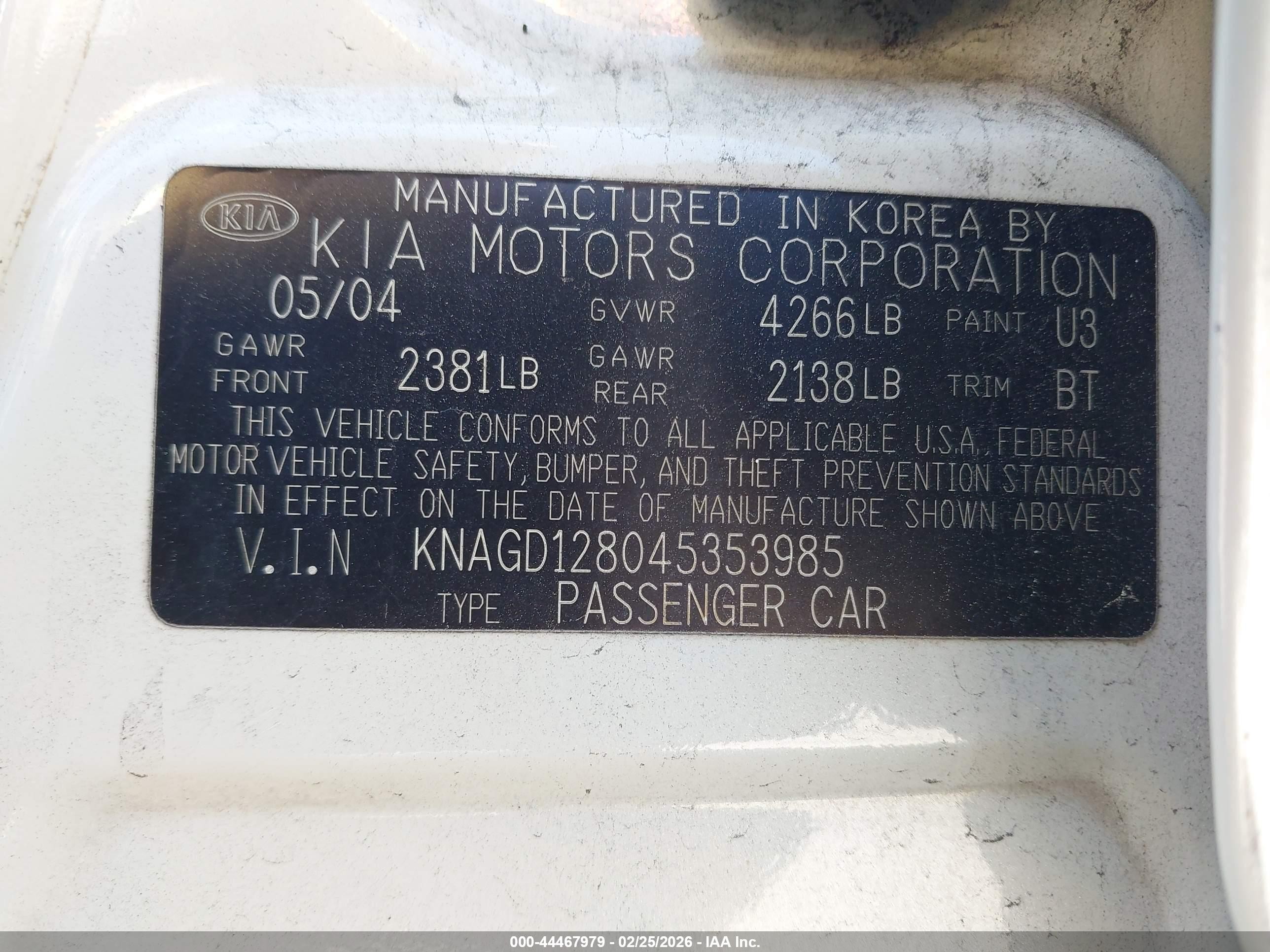 2004 Kia Optima Ex V6/lx V6 White vin: KNAGD128045353985