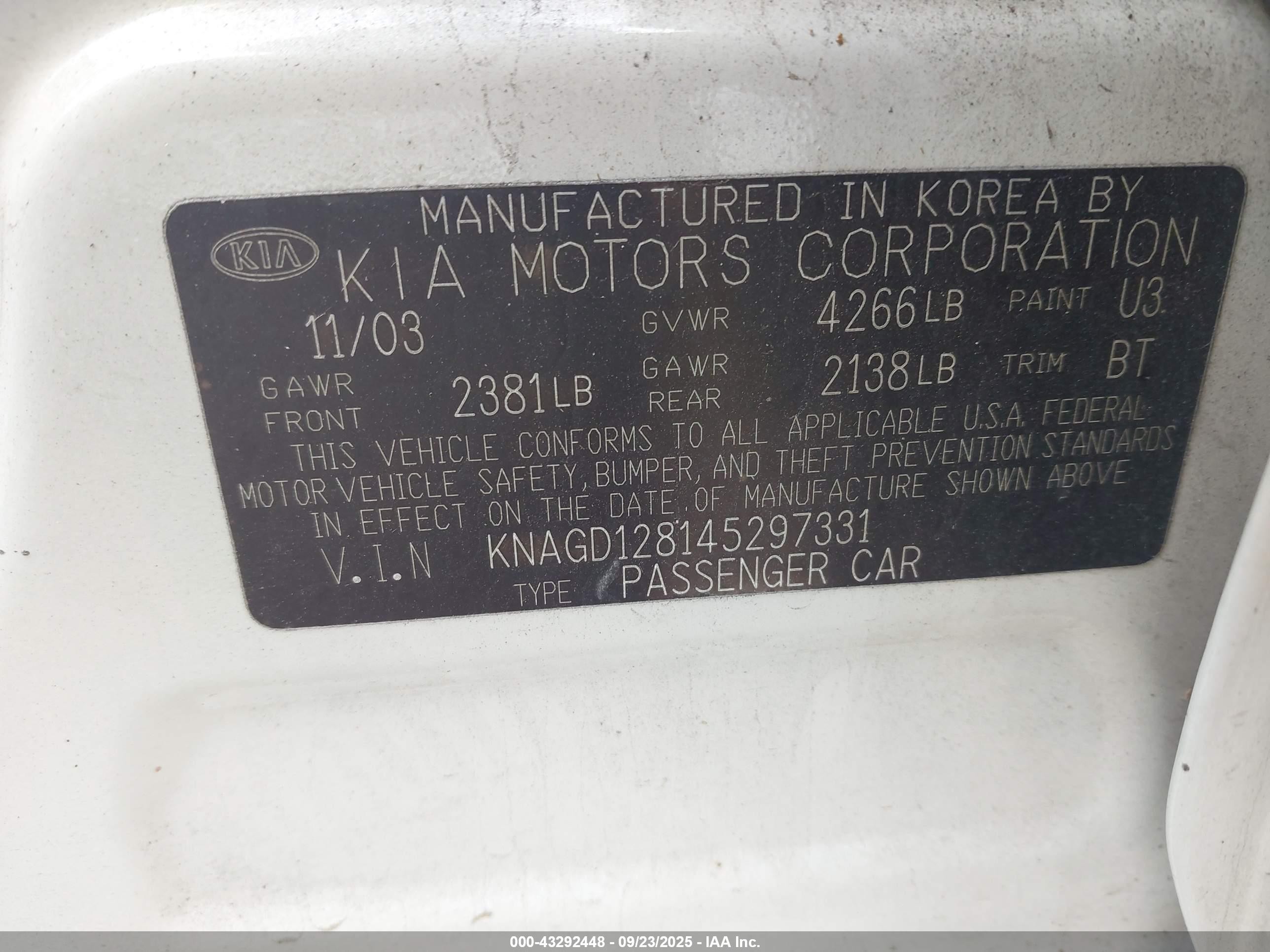2004 Kia Optima Ex V6/lx V6 White vin: KNAGD128145297331
