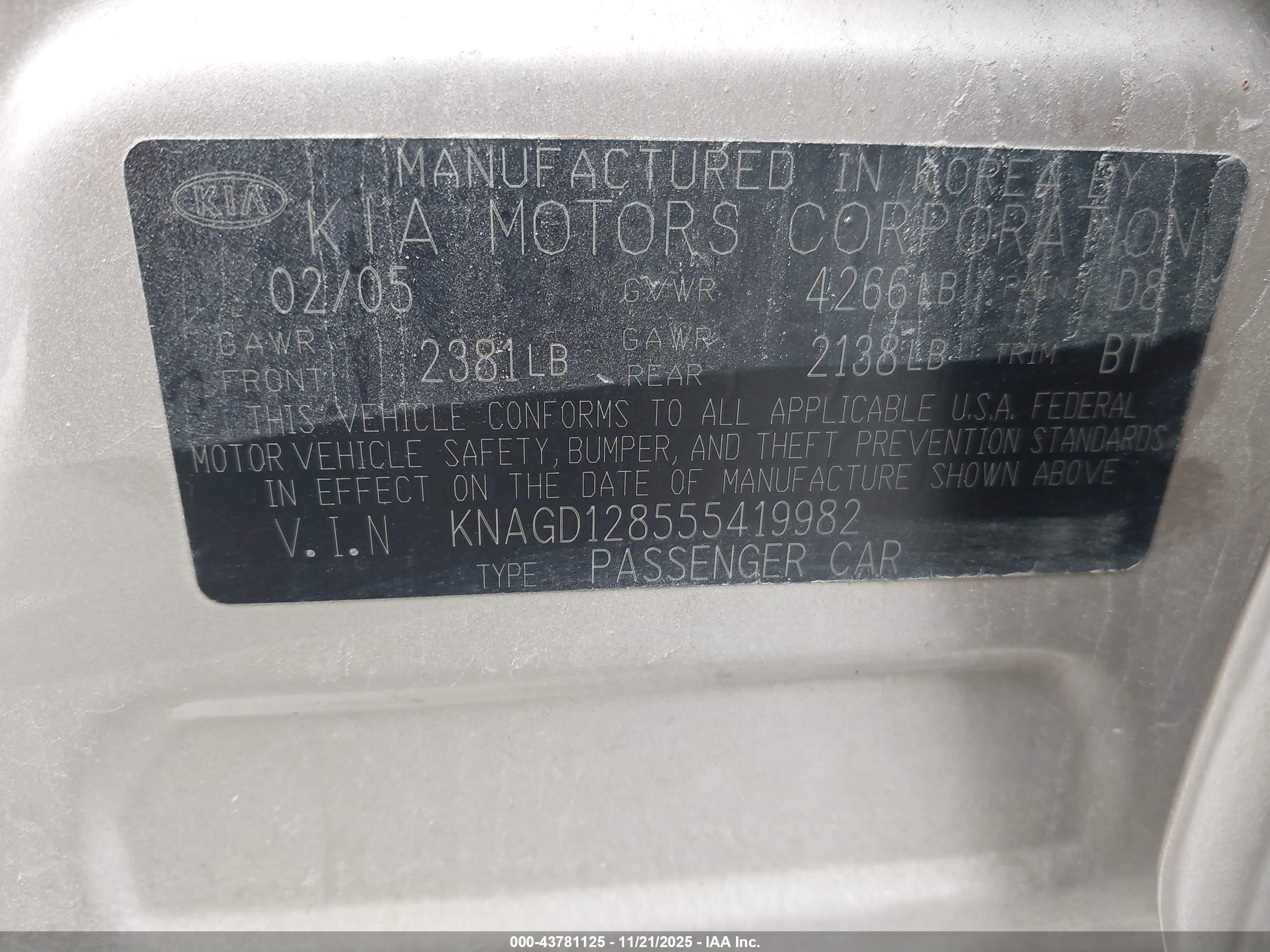 2005 Kia Optima Ex V6/lx V6 Gold vin: KNAGD128555419982