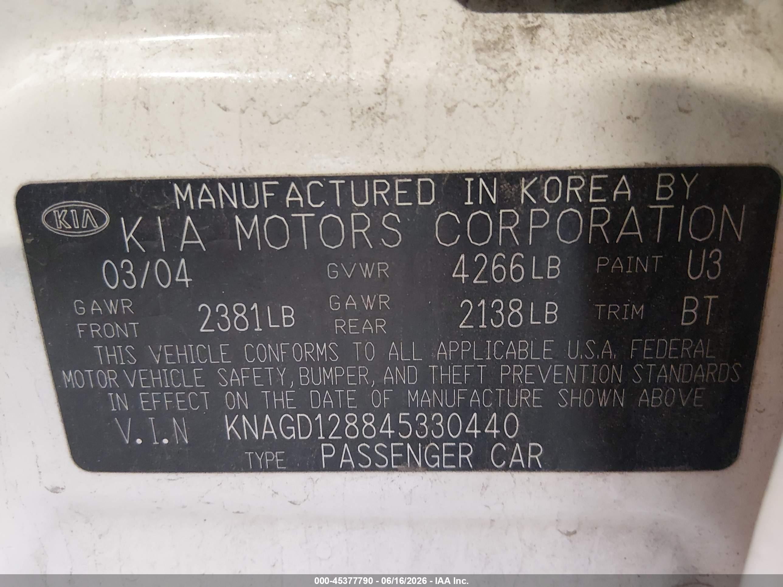 2004 Kia Optima Ex V6/lx V6 White vin: KNAGD128845330440