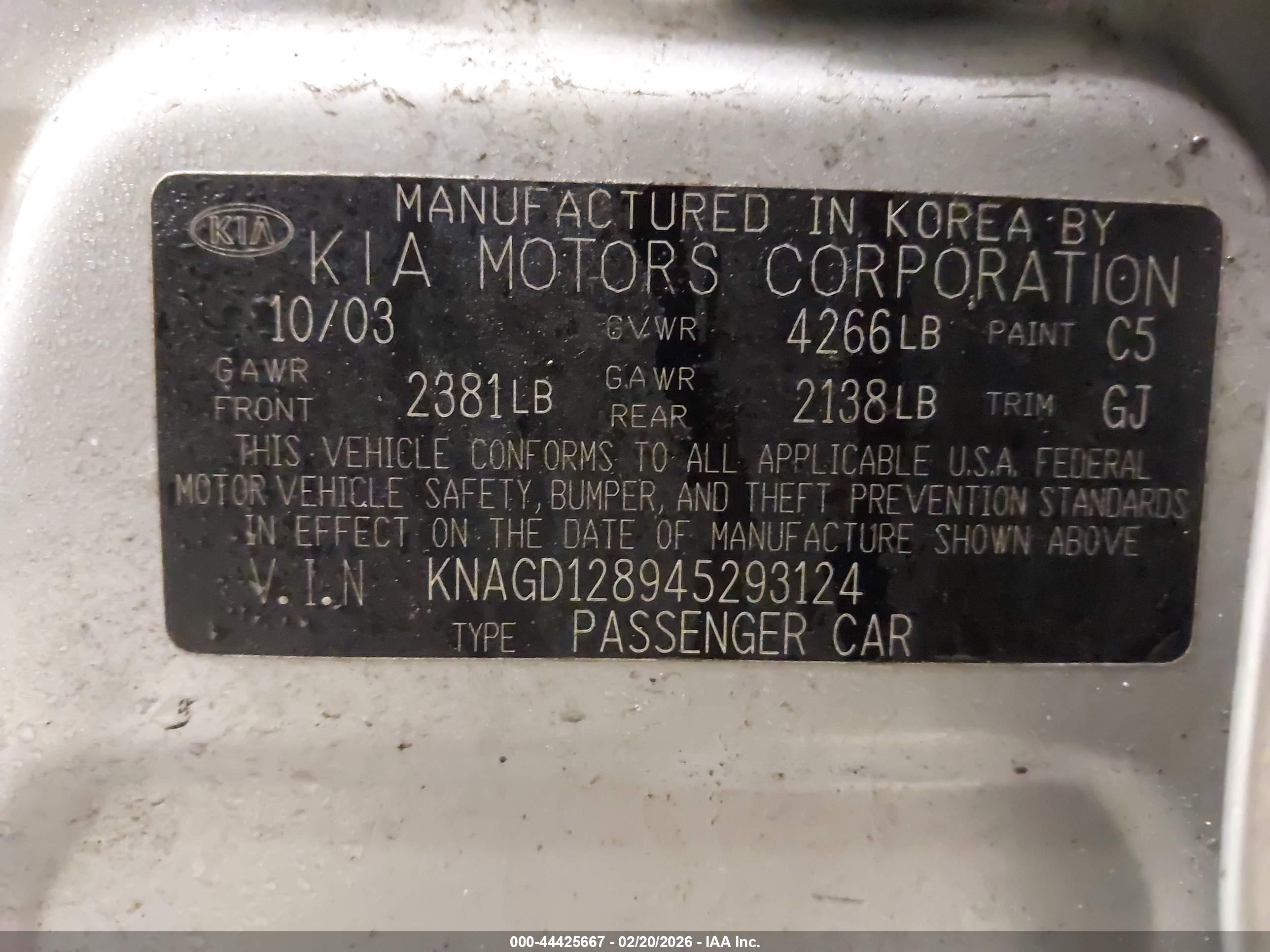 2004 Kia Optima Ex V6/lx V6 Silver vin: KNAGD128945293124