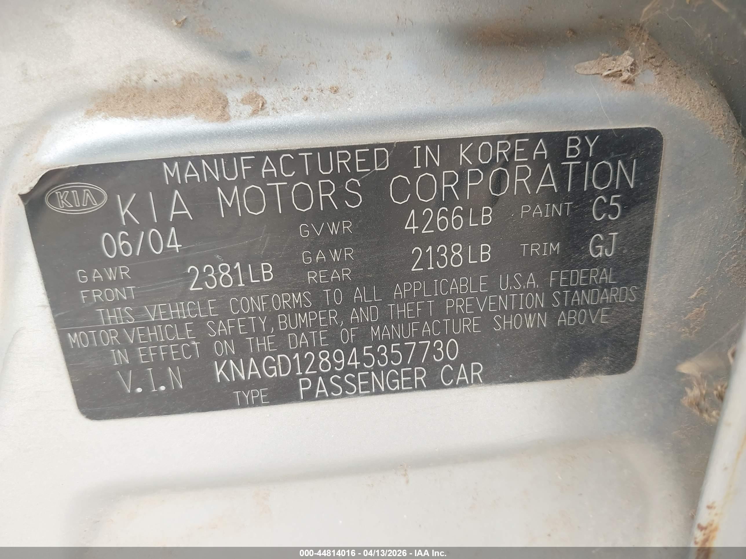 2004 Kia Optima Ex V6/lx V6 Silver vin: KNAGD128945357730