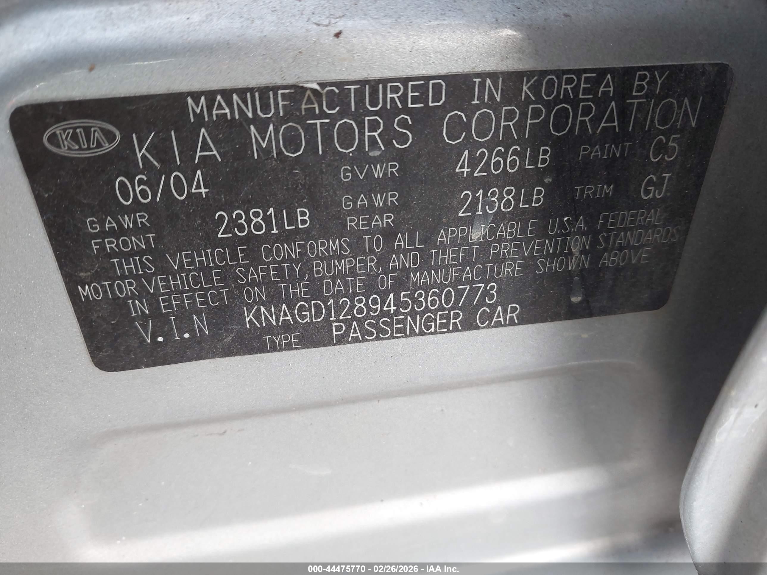 2004 Kia Optima Ex V6/lx V6 Silver vin: KNAGD128945360773