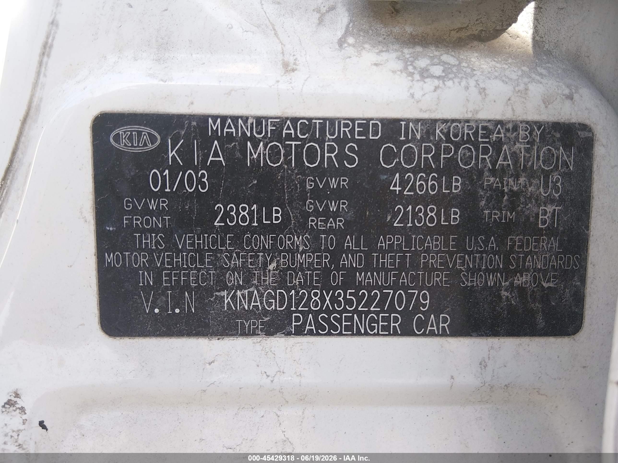 2003 Kia Optima Lx V6/se V6 White vin: KNAGD128X35227079