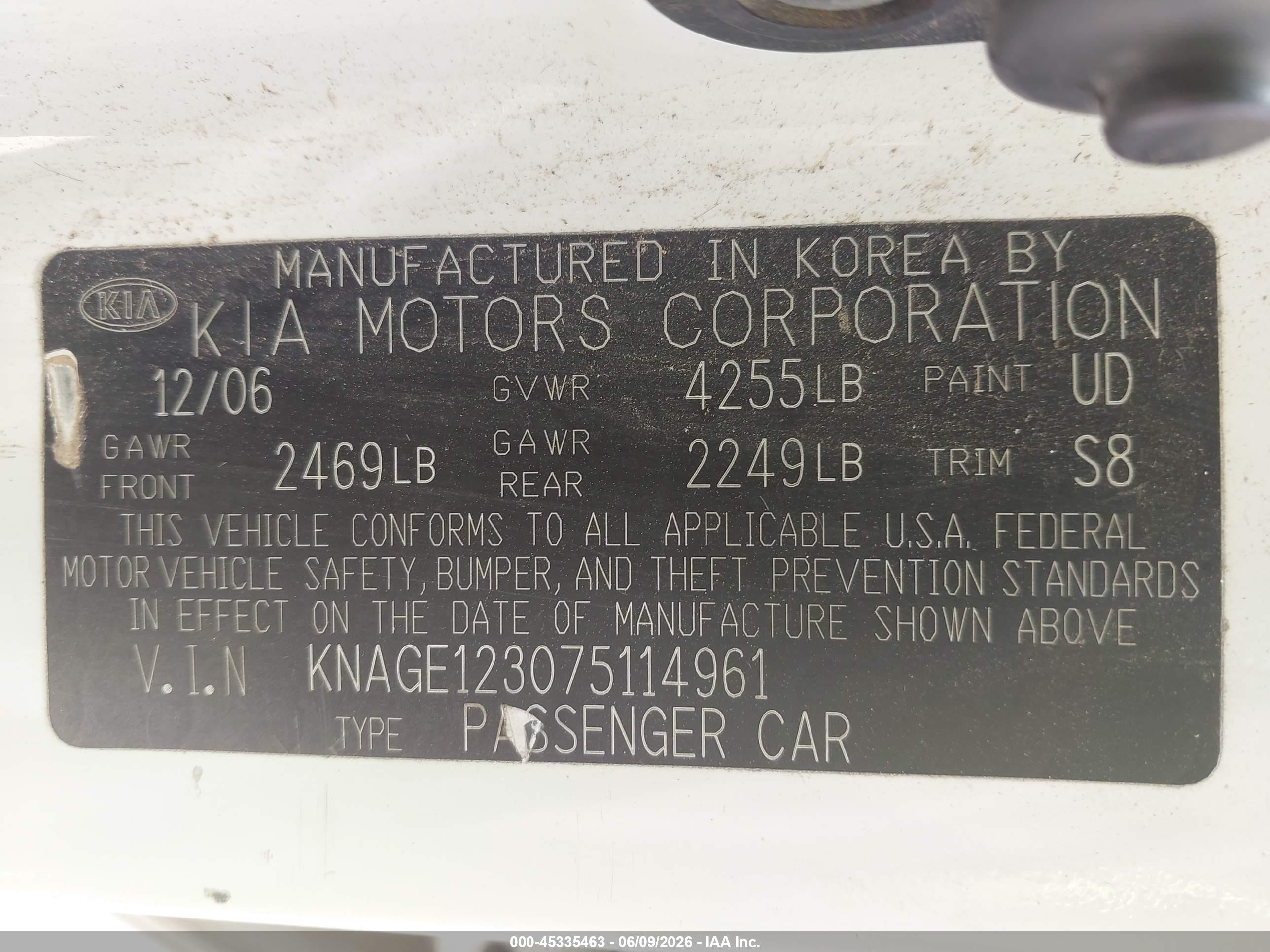 2007 Kia Optima Lx White vin: KNAGE123075114961