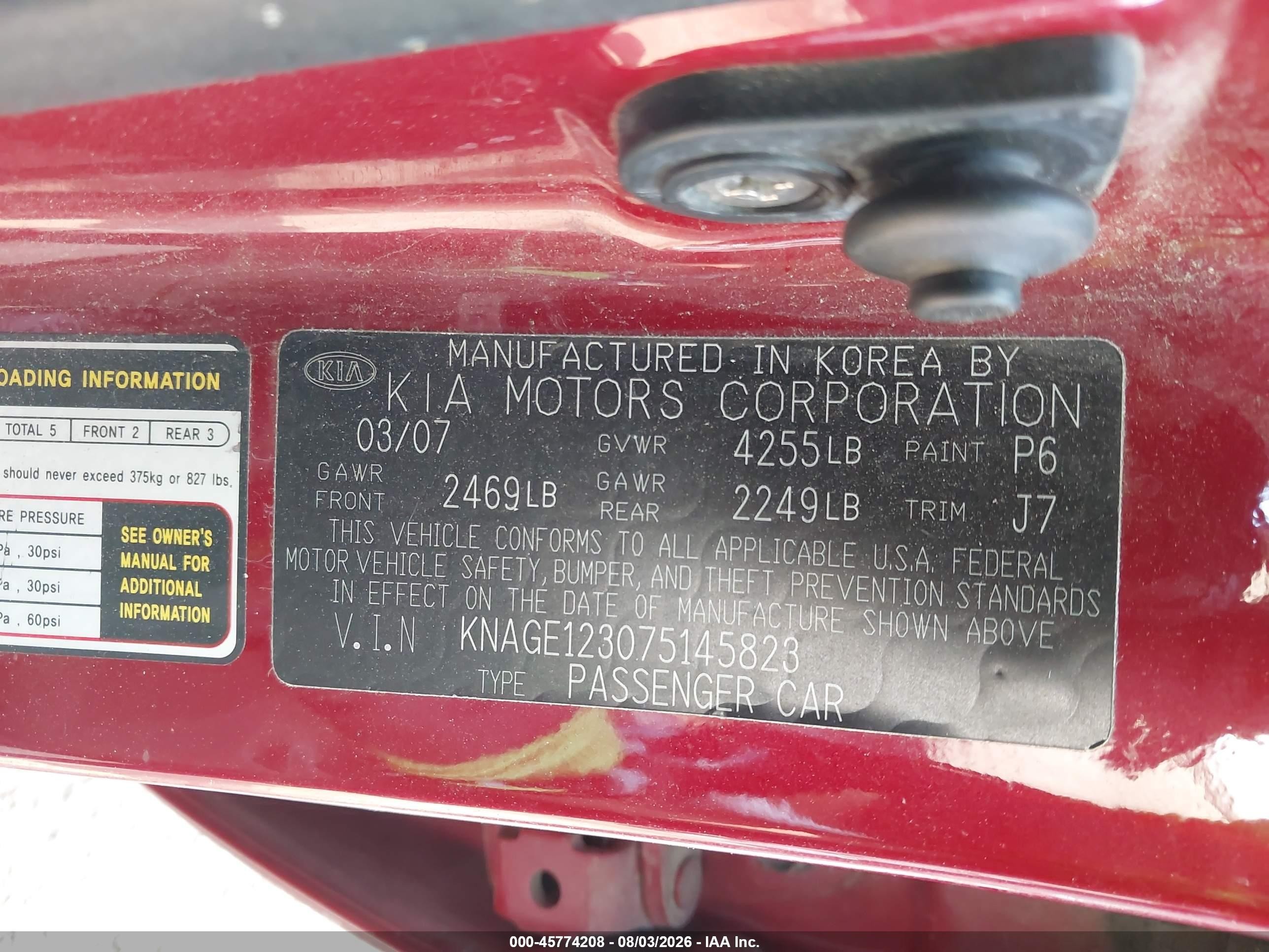 2007 Kia Optima Lx Red vin: KNAGE123075145823