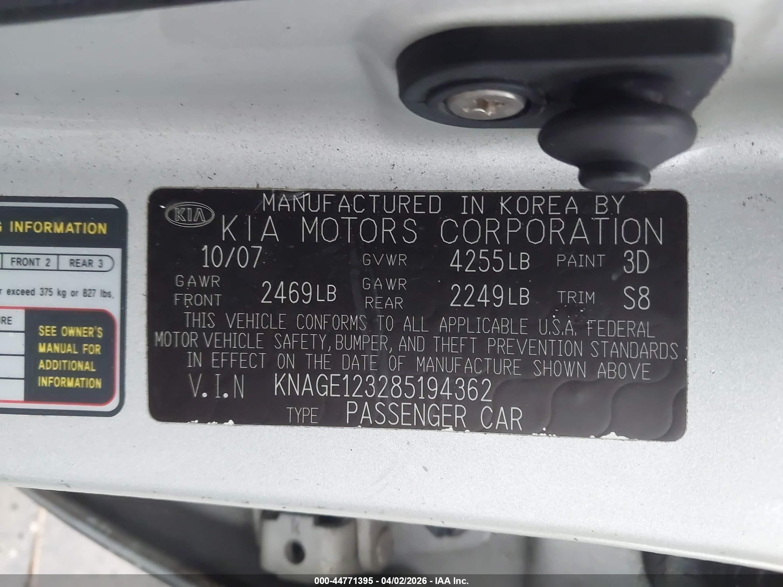 2008 Kia Optima Lx Silver vin: KNAGE123285194362