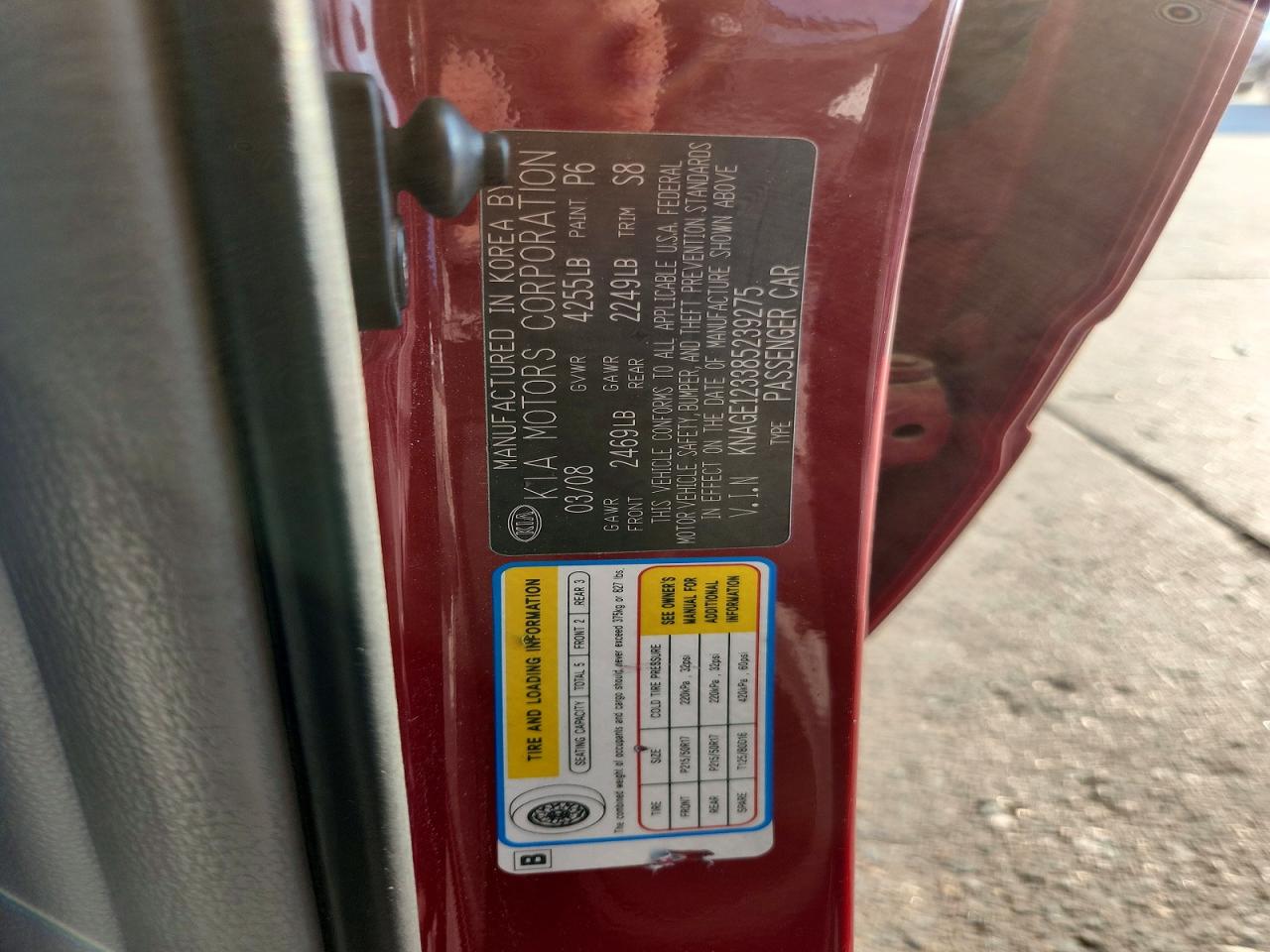 2008 Kia Optima Lx Red vin: KNAGE123385239275