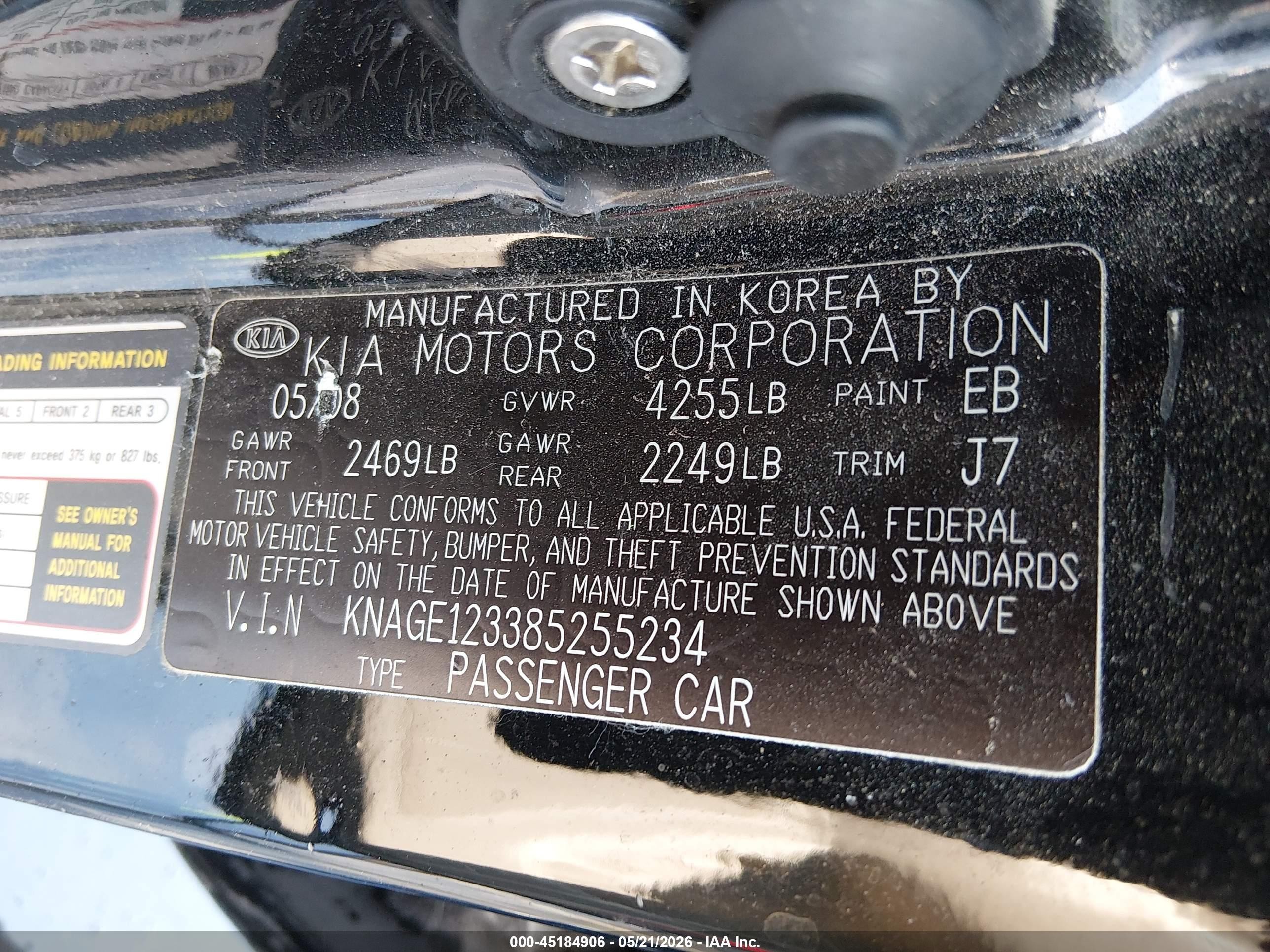 2008 Kia Optima Ex Black vin: KNAGE123385255234