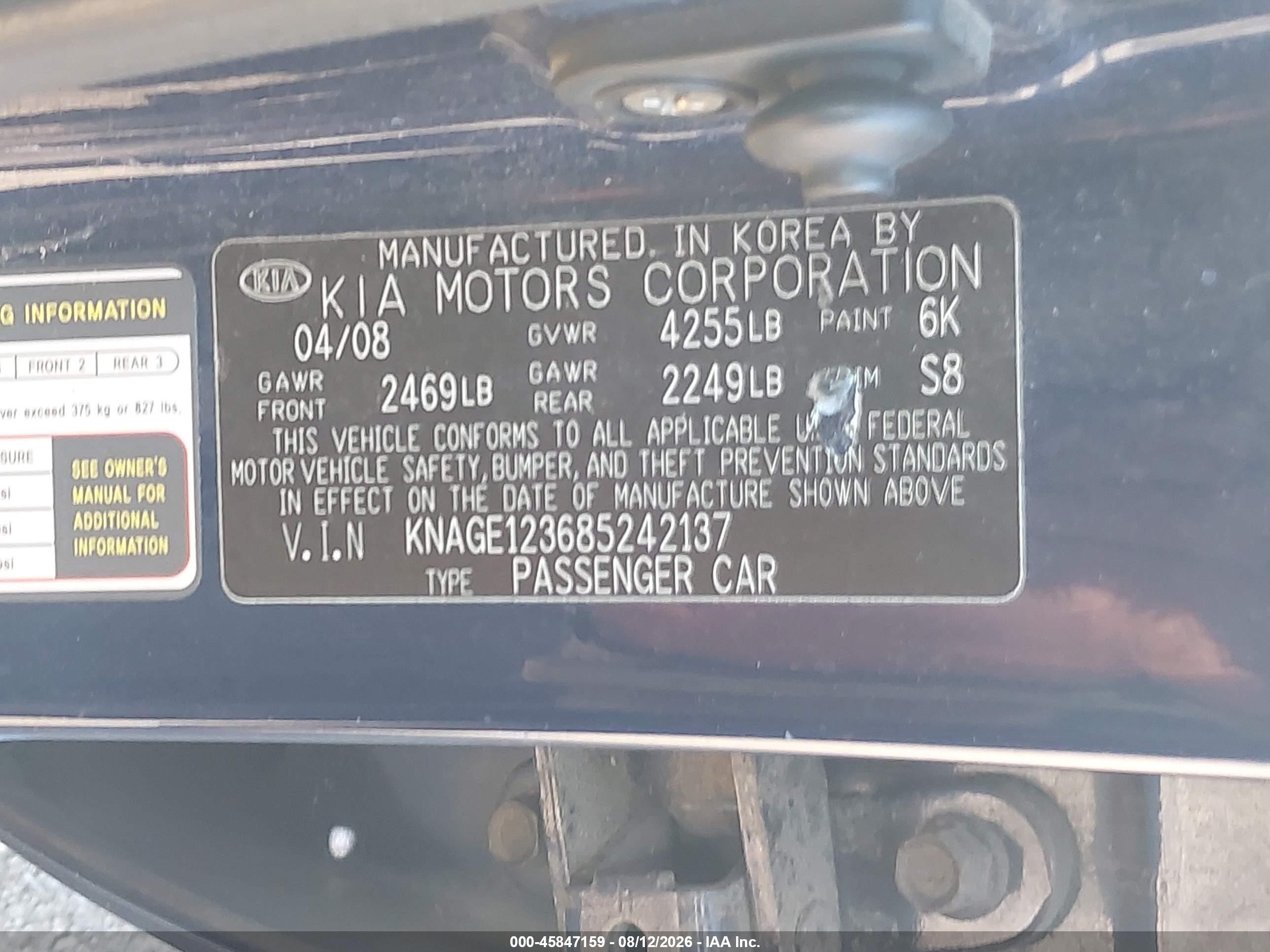 2008 Kia Optima Lx Blue vin: KNAGE123685242137