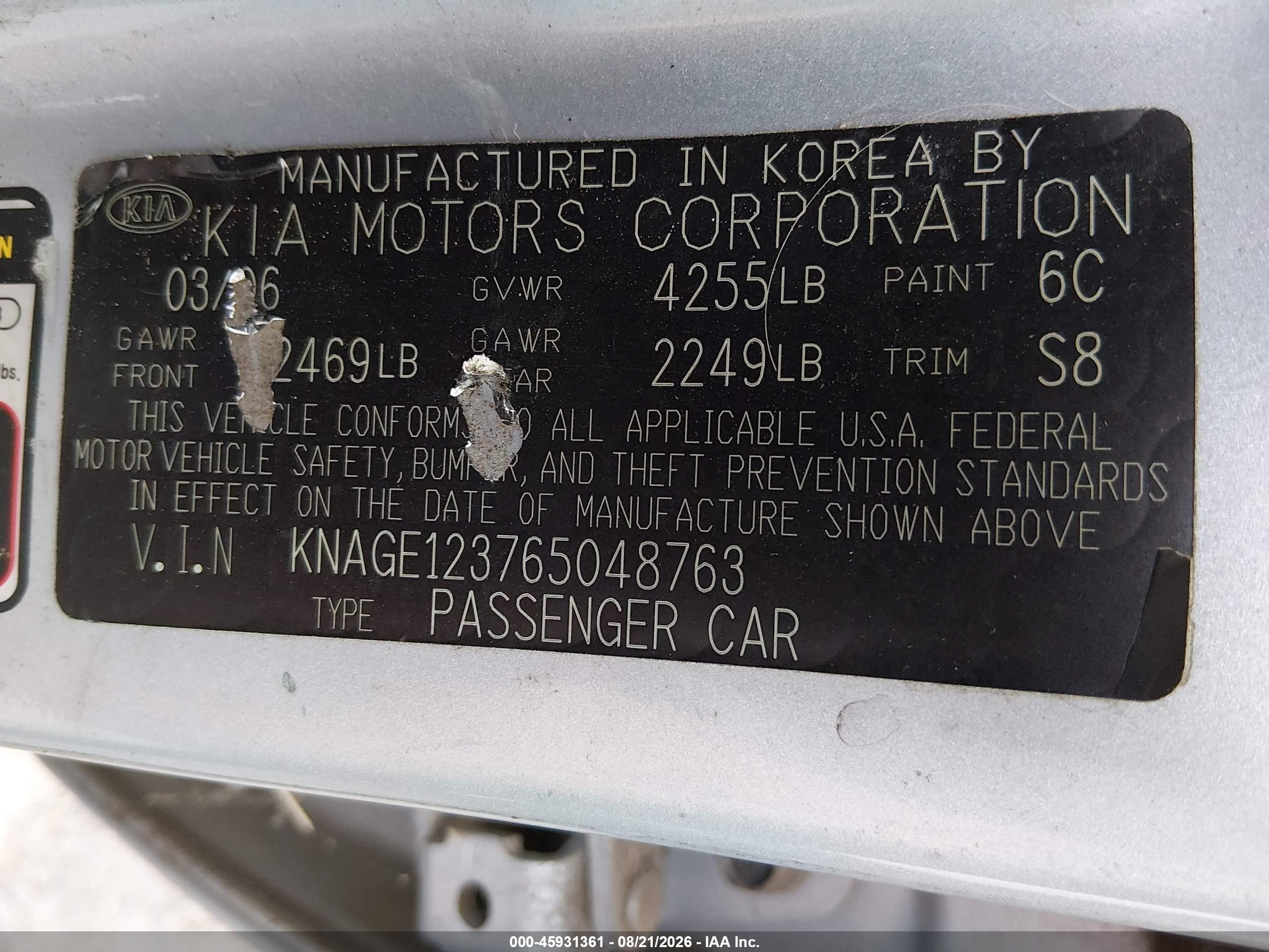 2006 Kia Optima Ex (new)/lx (new) Silver vin: KNAGE123765048763