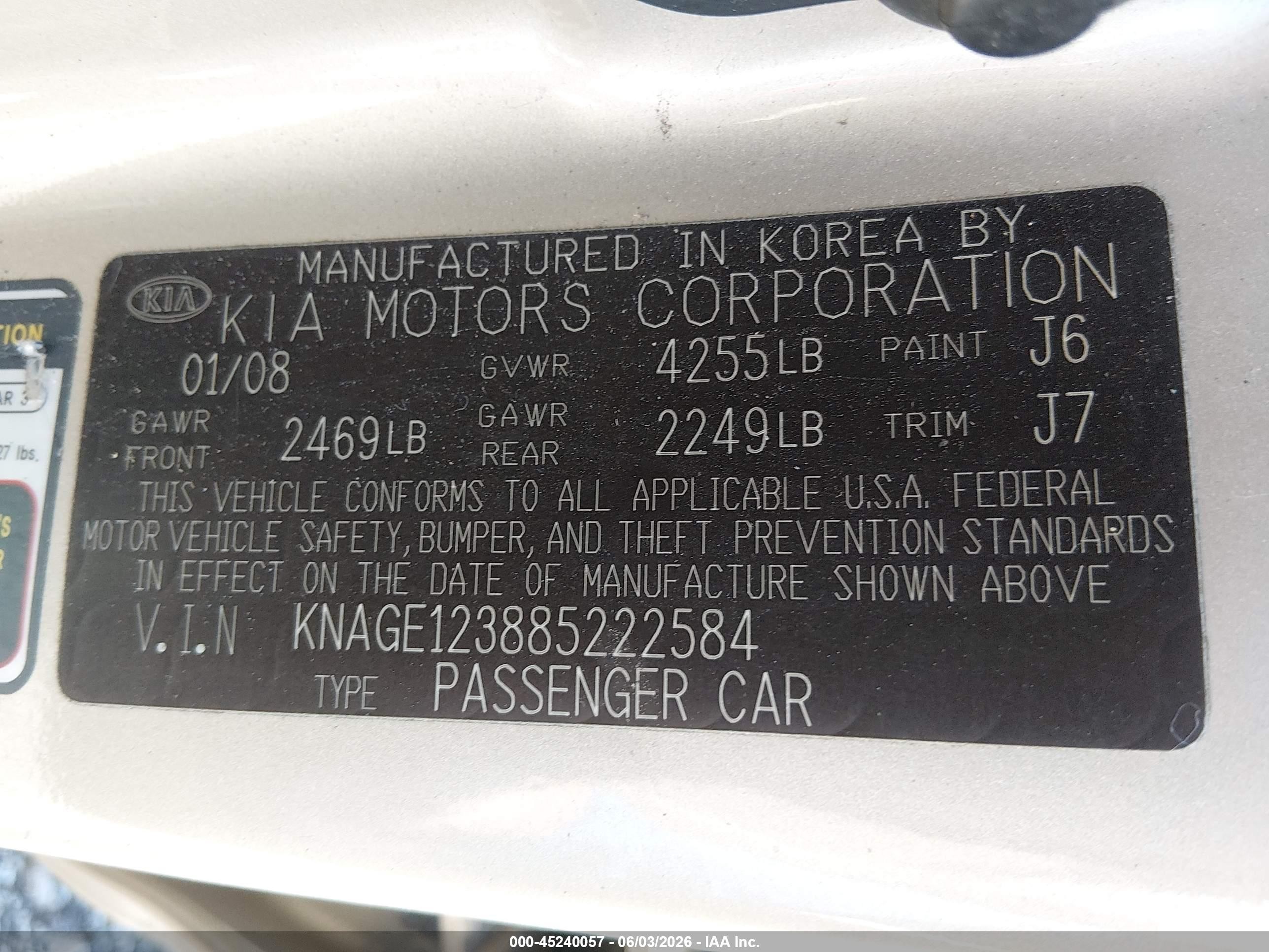 2008 Kia Optima Lx Cream vin: KNAGE123885222584