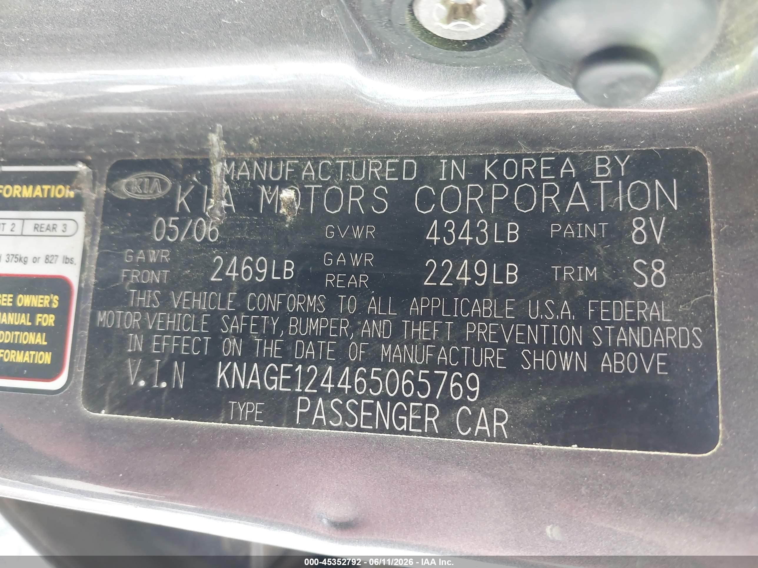2006 Kia Optima Ex V6 (new)/lx V6 (new) Gray vin: KNAGE124465065769
