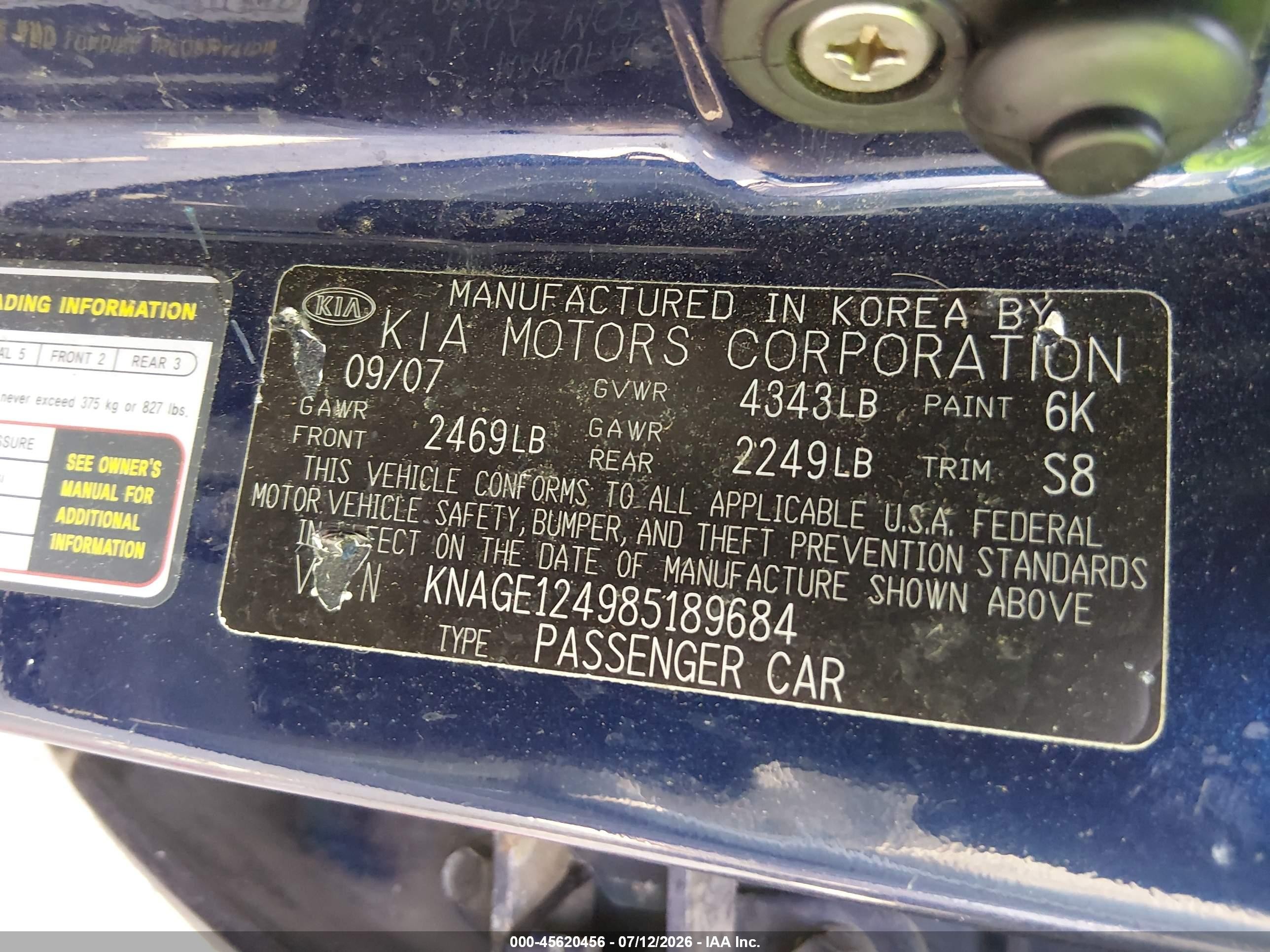 2008 Kia Optima Lx V6 Blue vin: KNAGE124985189684