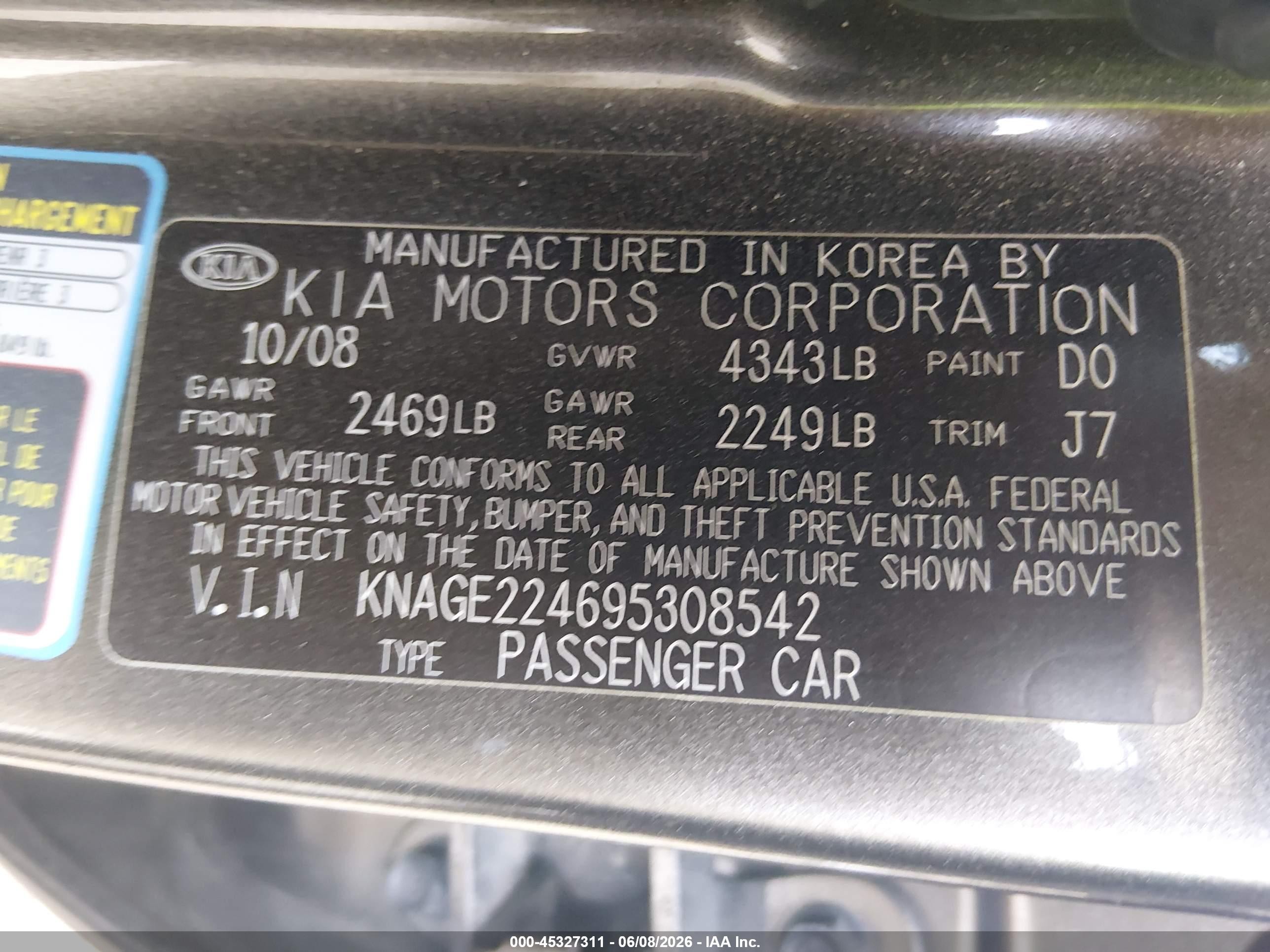 2009 Kia Optima Ex V6 Gray vin: KNAGE224695308542