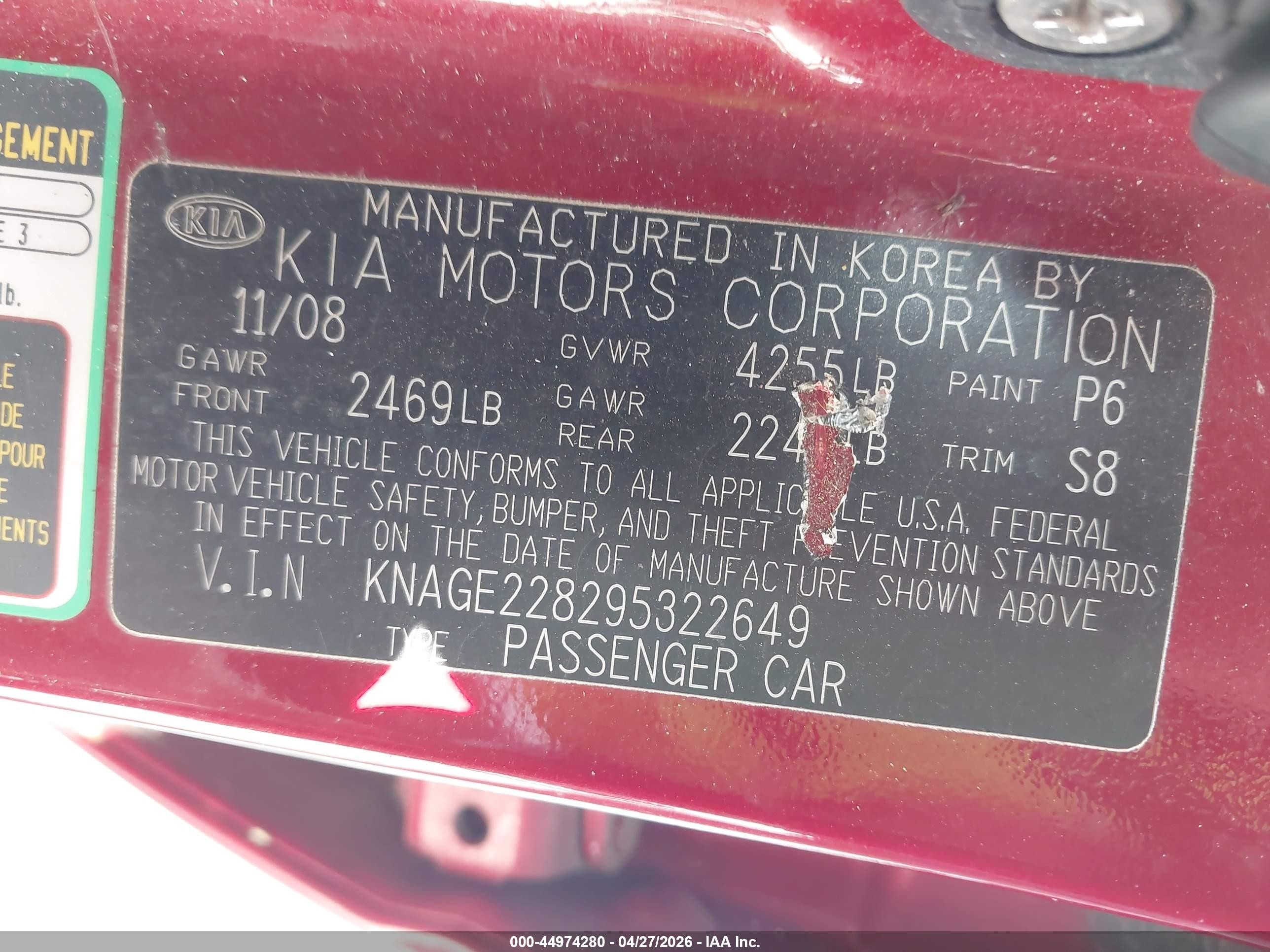 2009 Kia Optima Lx Red vin: KNAGE228295322649