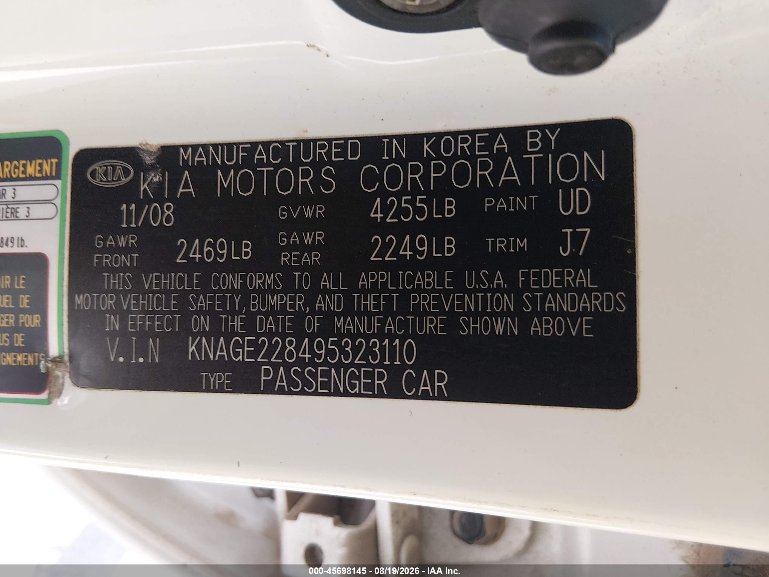 2009 Kia Optima Lx White vin: KNAGE228495323110