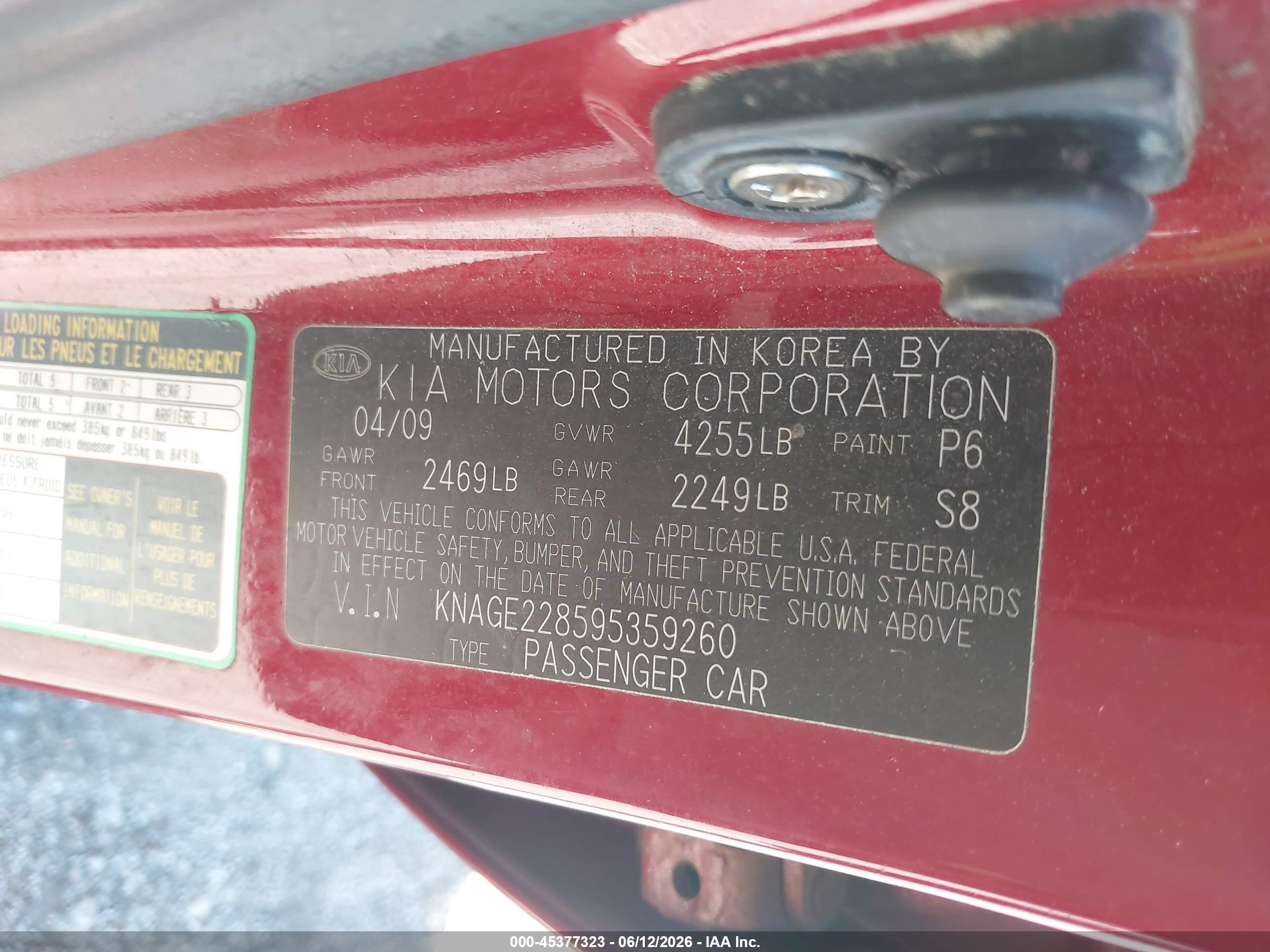 2009 Kia Optima Lx Red vin: KNAGE228595359260