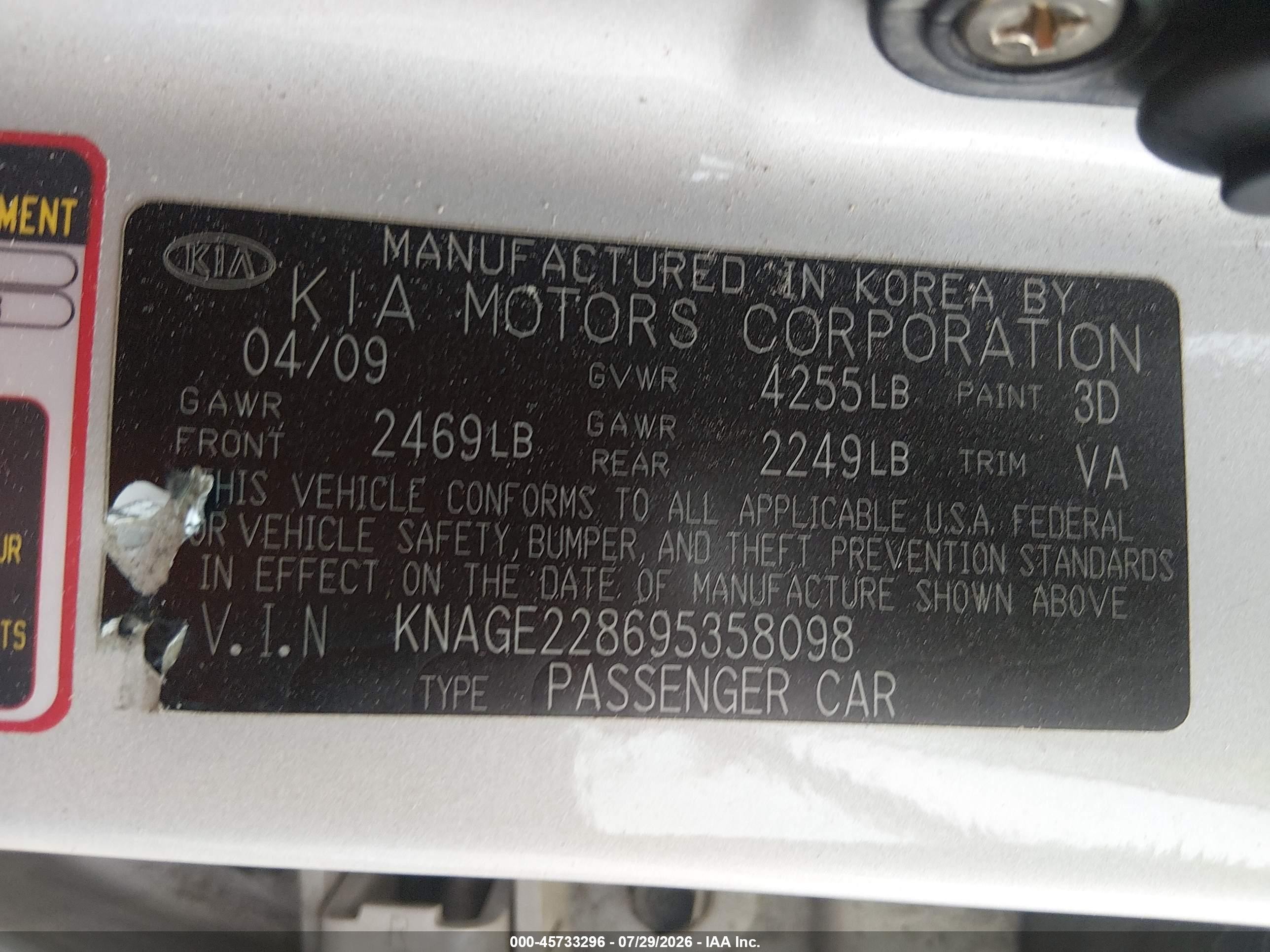 2009 Kia Optima Sx Silver vin: KNAGE228695358098