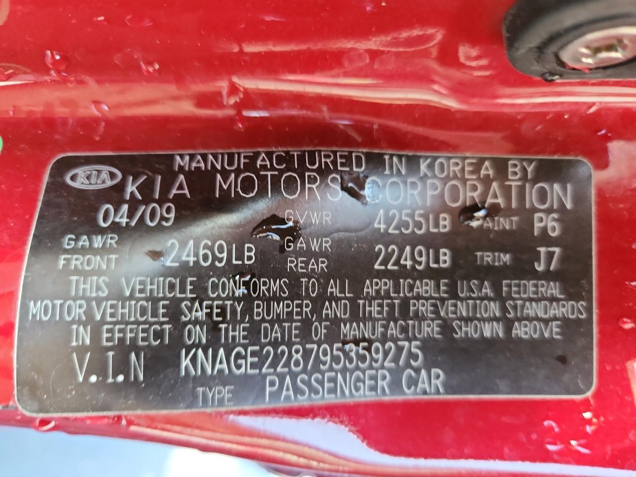 2009 Kia Optima Lx Red vin: KNAGE228795359275