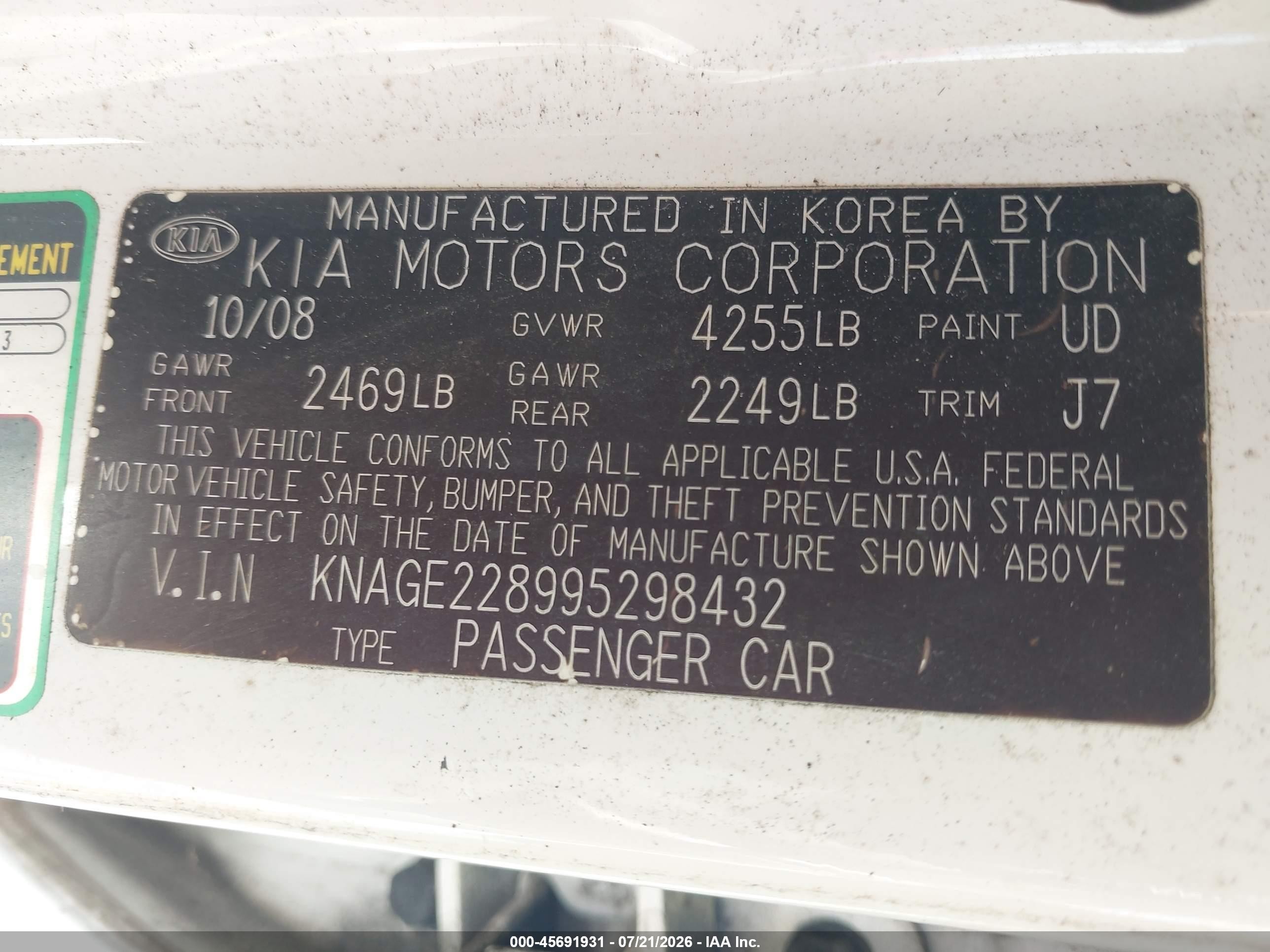 2009 Kia Optima Lx White vin: KNAGE228995298432