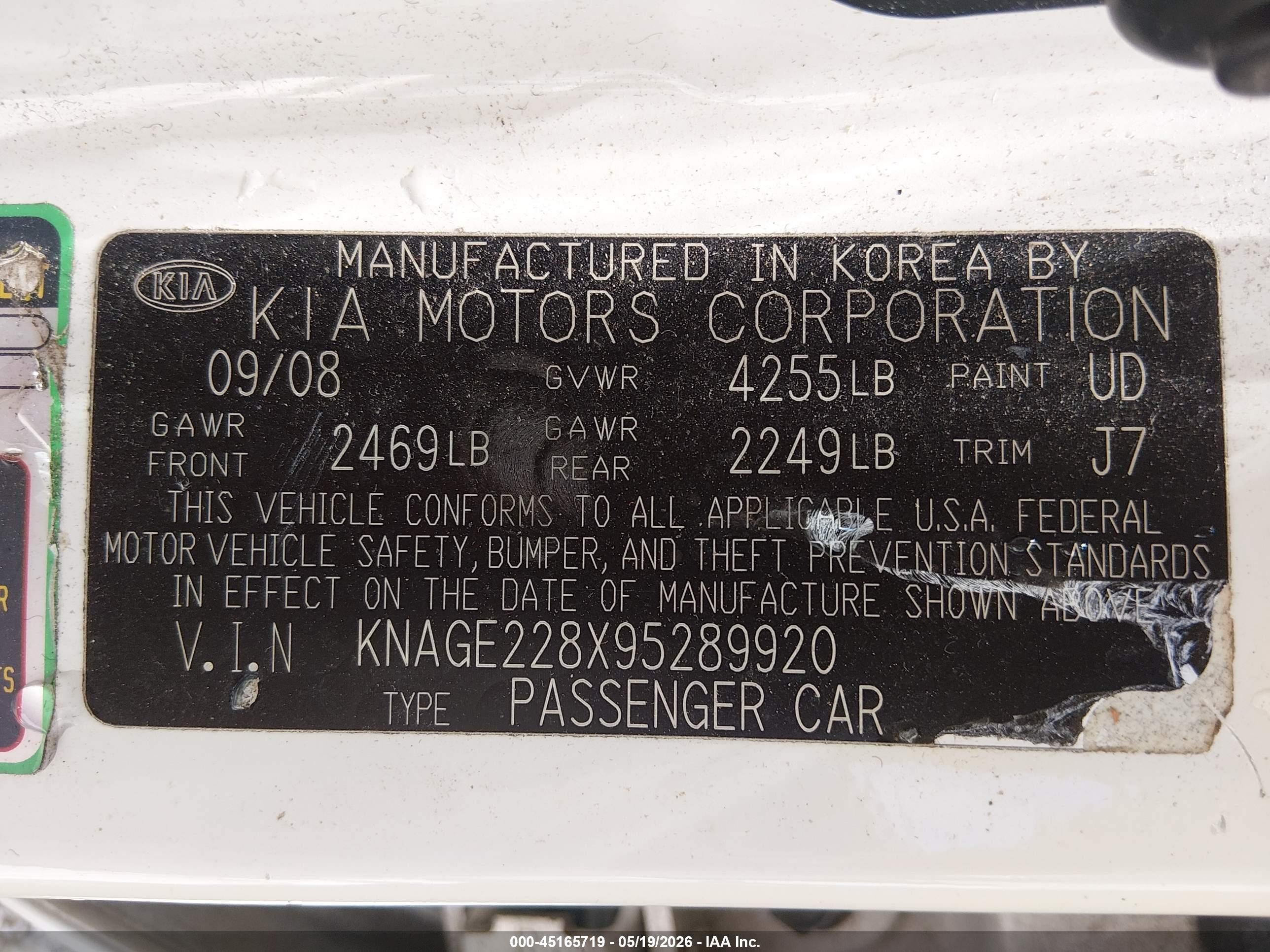 2009 Kia Optima Lx White vin: KNAGE228X95289920