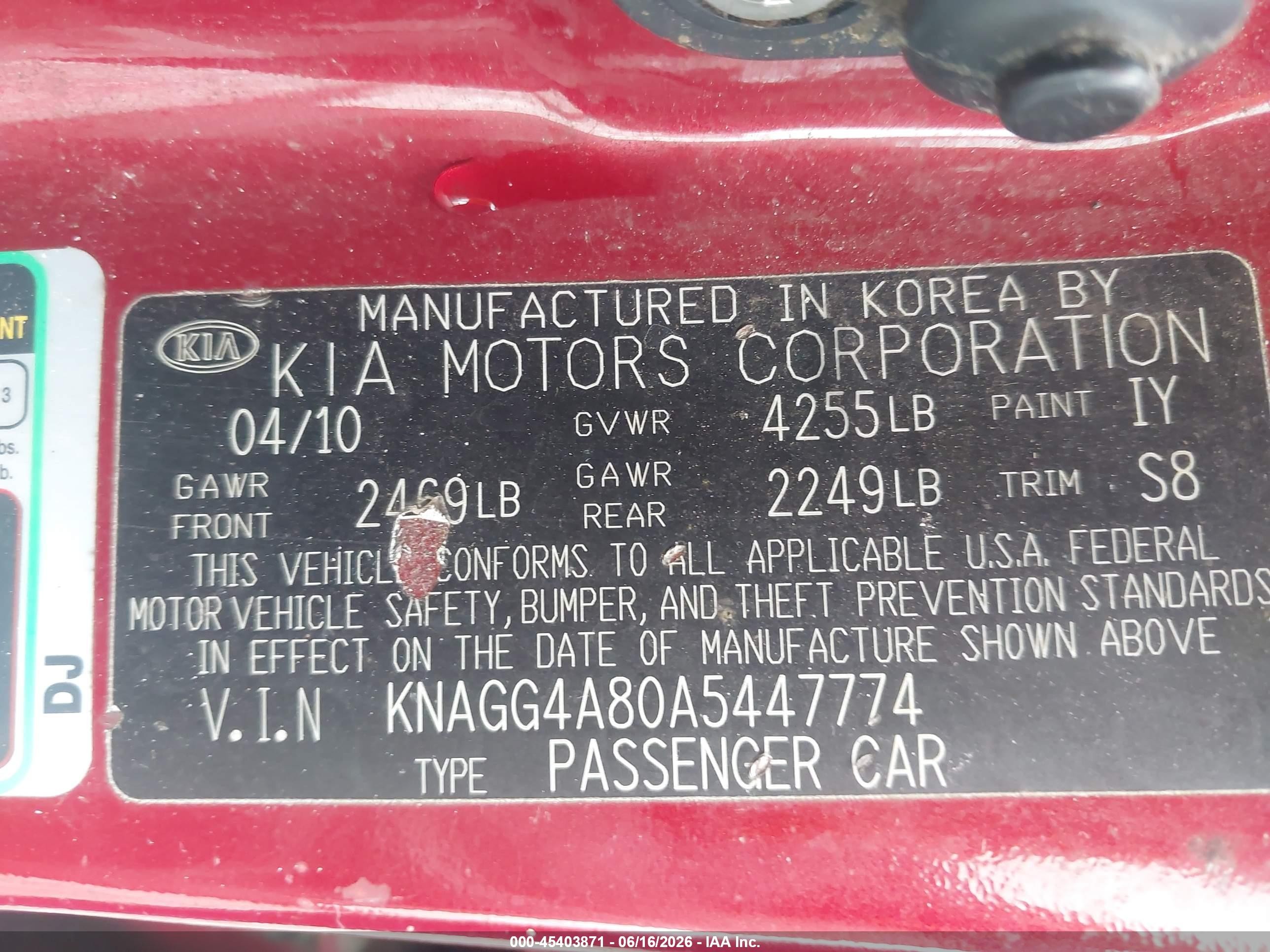 2010 Kia Optima Lx Red vin: KNAGG4A80A5447774