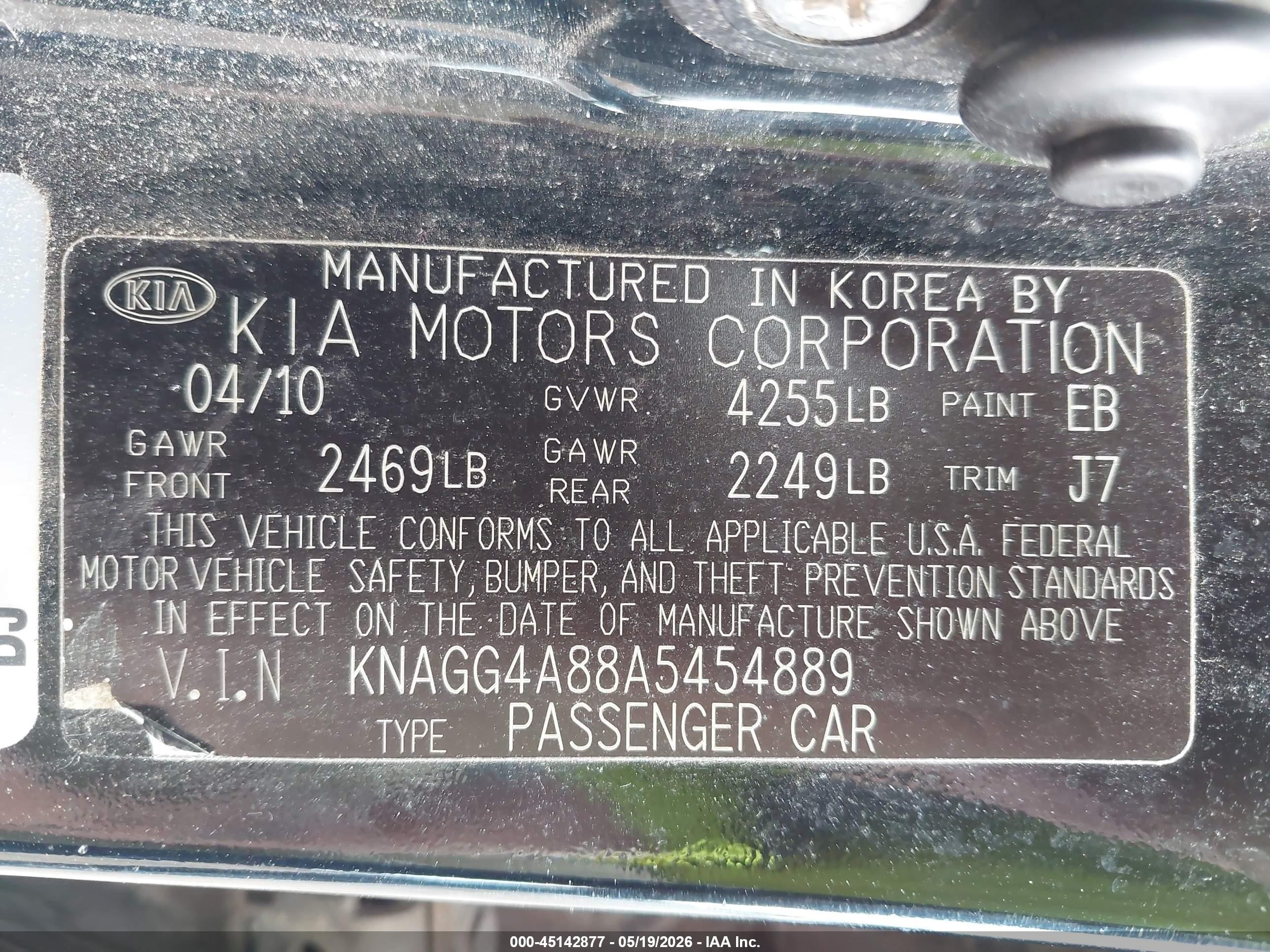 2010 Kia Optima Lx Black vin: KNAGG4A88A5454889
