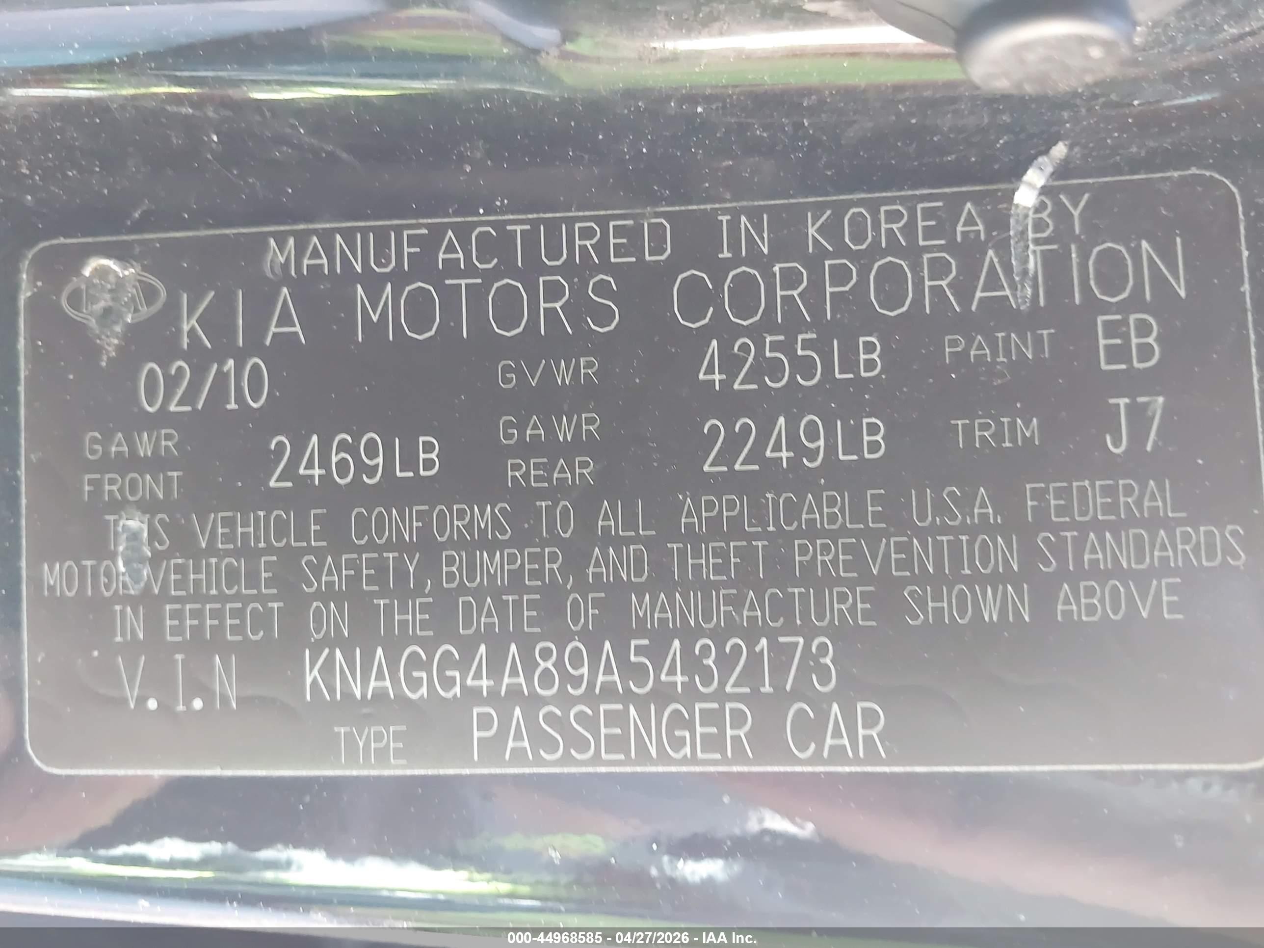 2010 Kia Optima Lx Black vin: KNAGG4A89A5432173