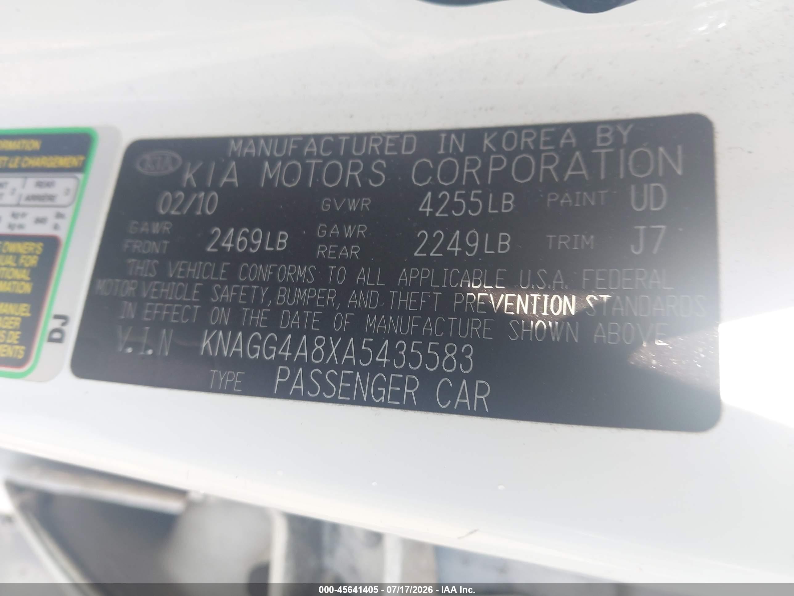 2010 Kia Optima Lx White vin: KNAGG4A8XA5435583