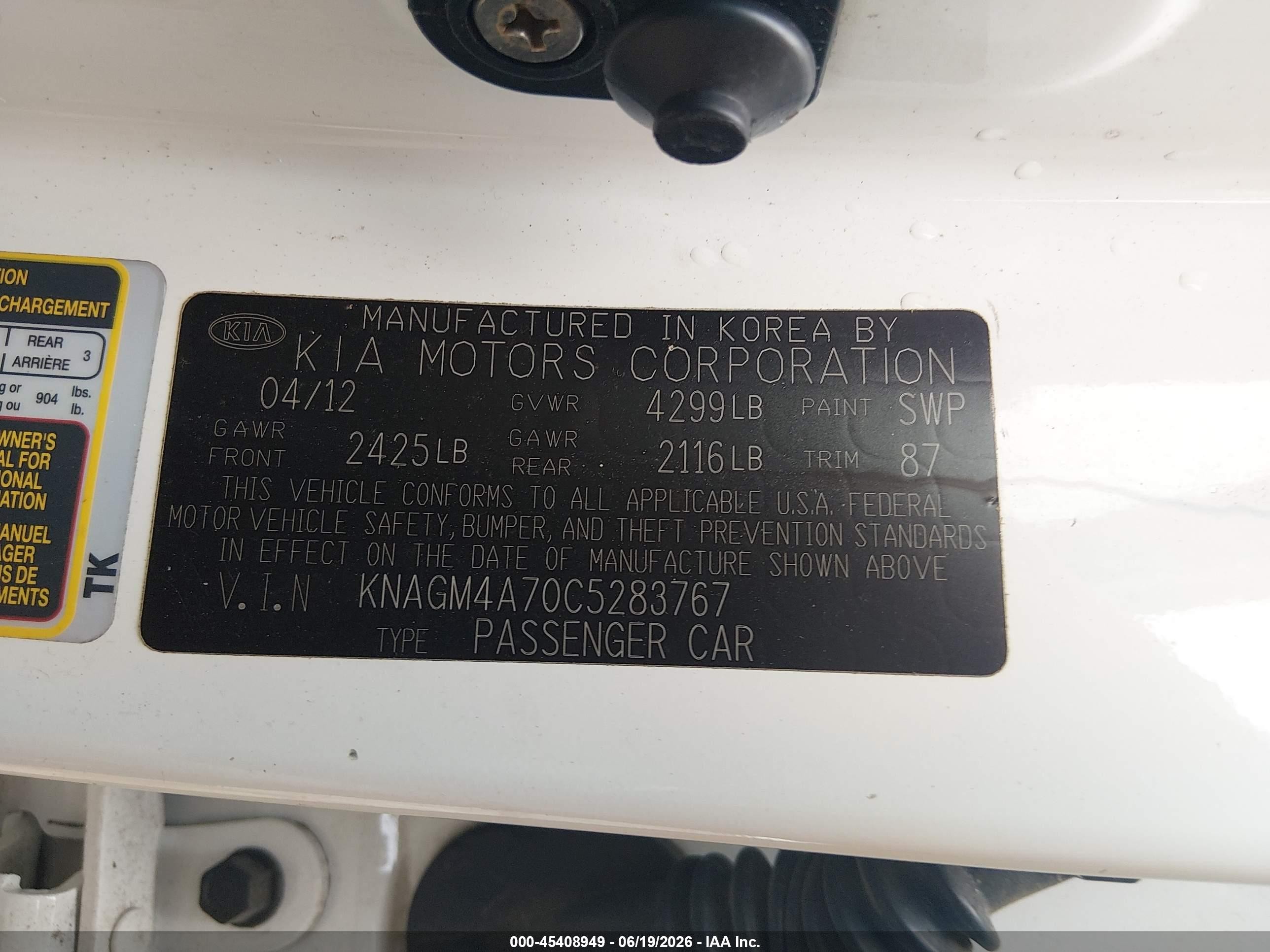 2012 Kia Optima Lx White vin: KNAGM4A70C5283767