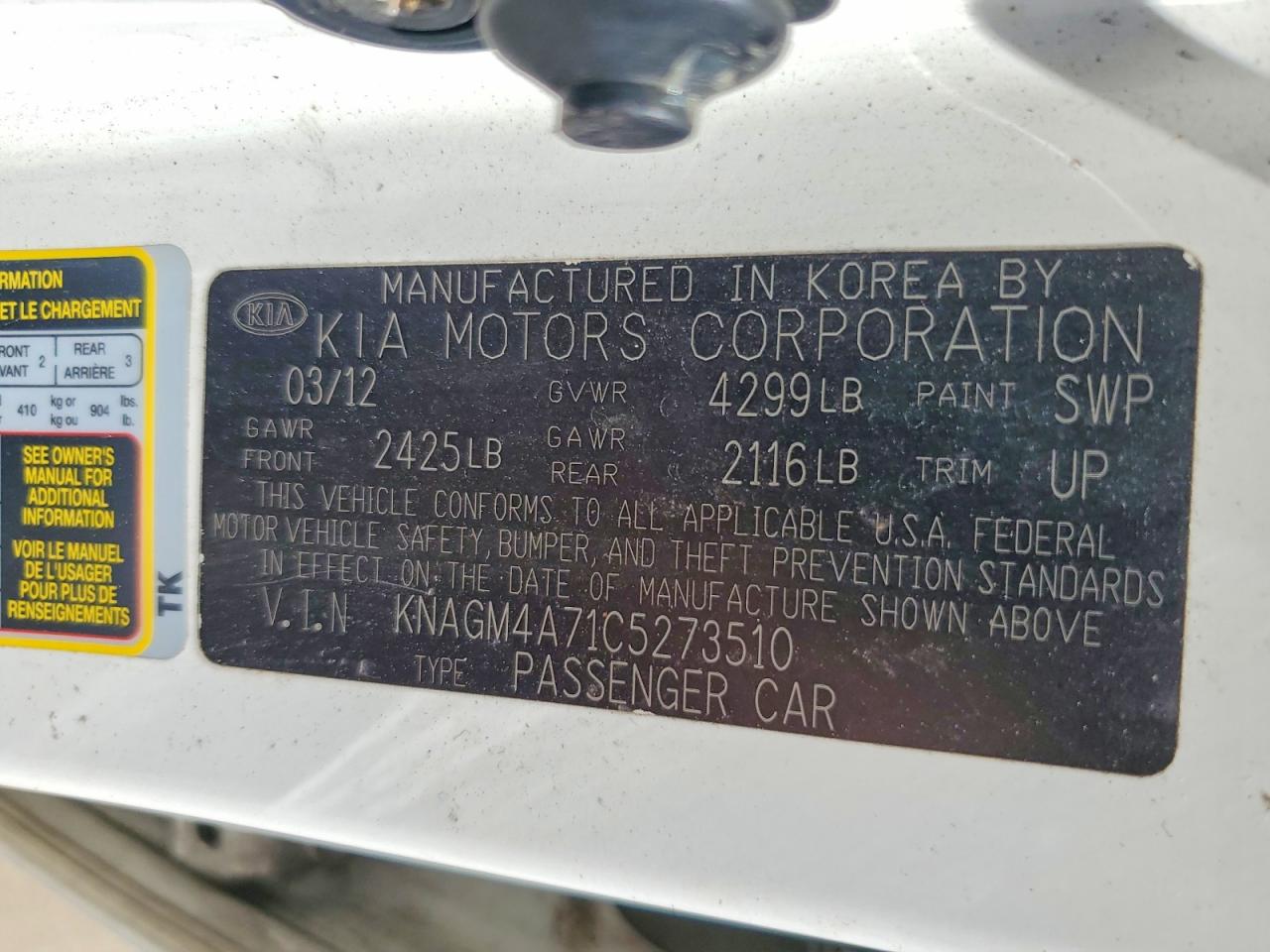 2012 Kia Optima Lx White vin: KNAGM4A71C5273510