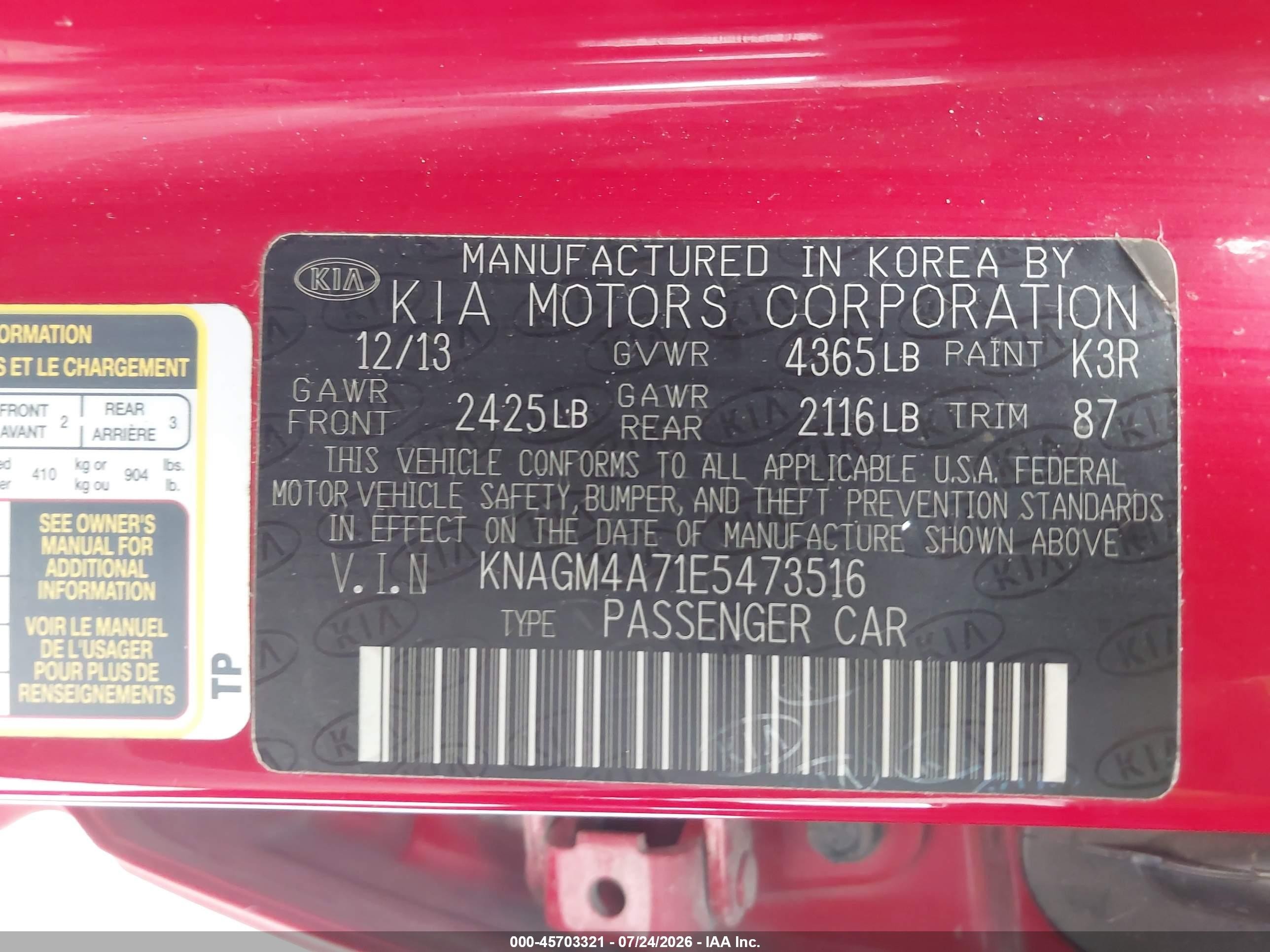 2014 Kia Optima Lx Red vin: KNAGM4A71E5473516
