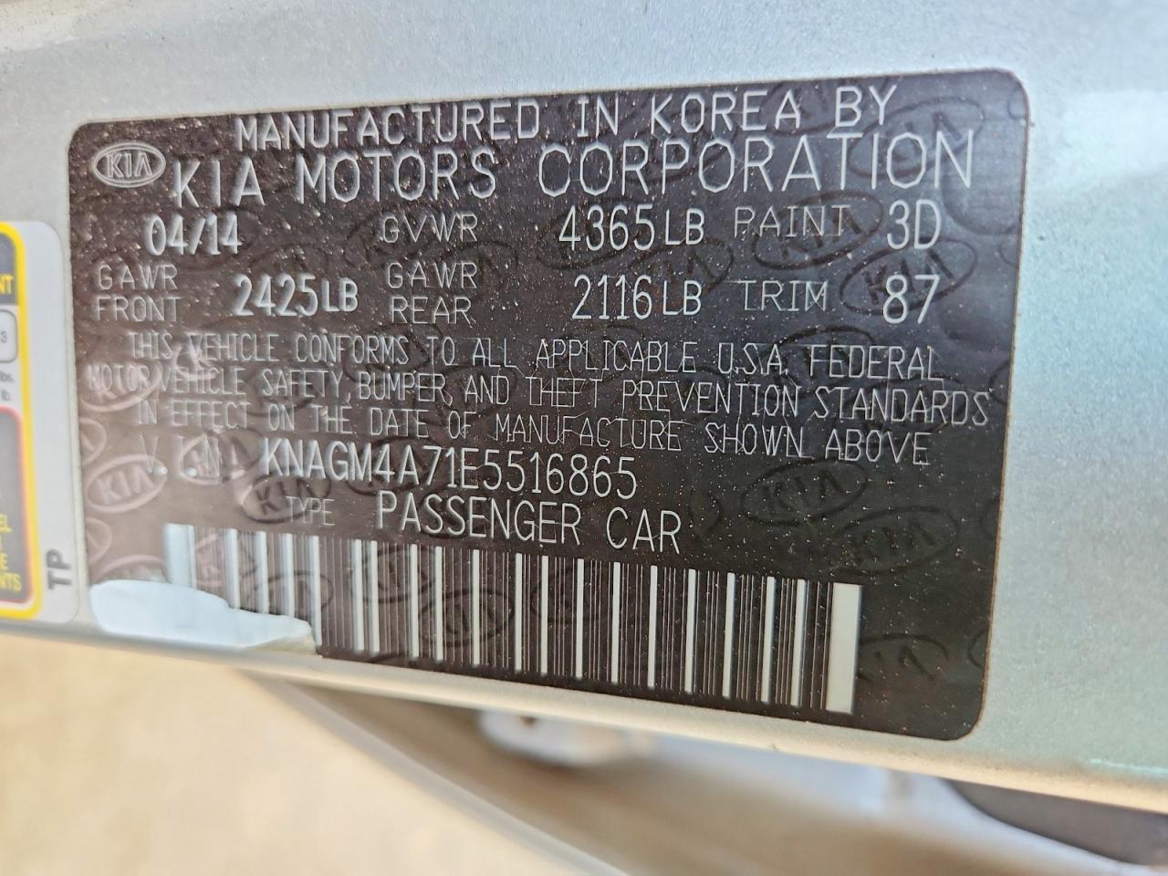 2014 Kia Optima Lx Gray vin: KNAGM4A71E5516865