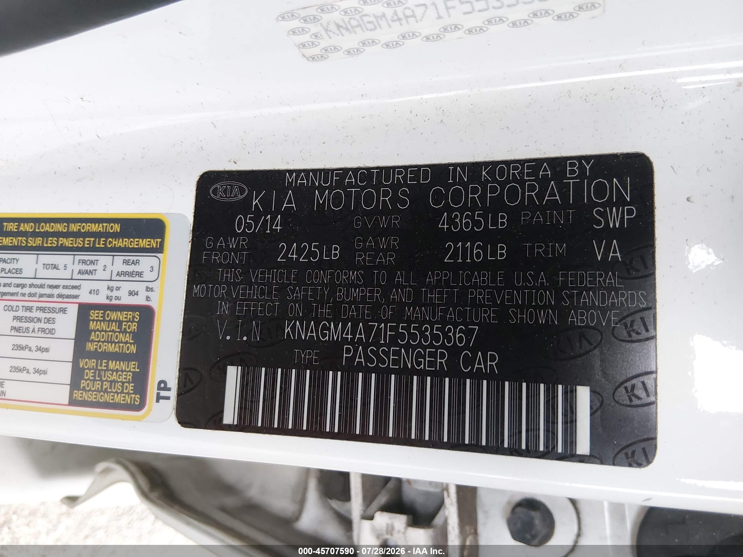 2015 Kia Optima Lx White vin: KNAGM4A71F5535367