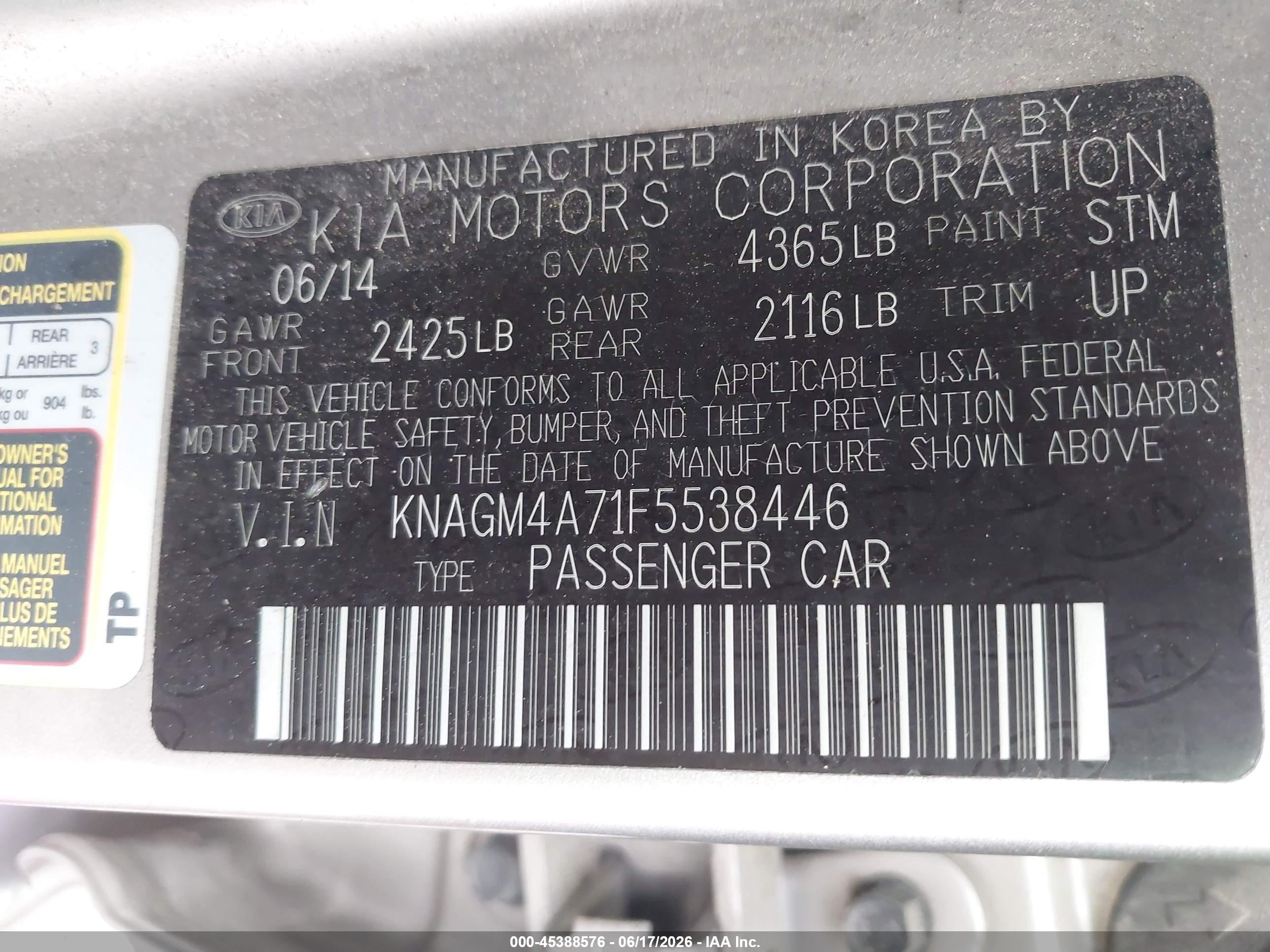 2015 Kia Optima Lx Silver vin: KNAGM4A71F5538446