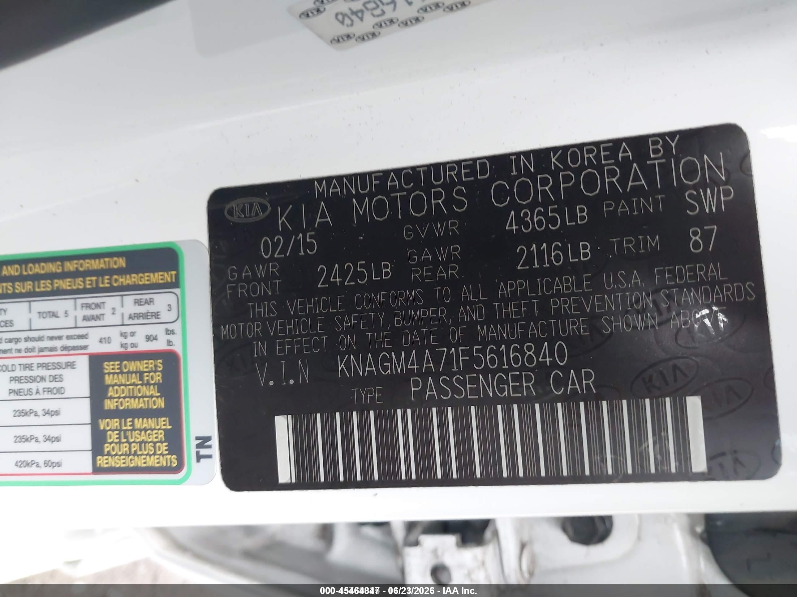 2015 Kia Optima Lx White vin: KNAGM4A71F5616840