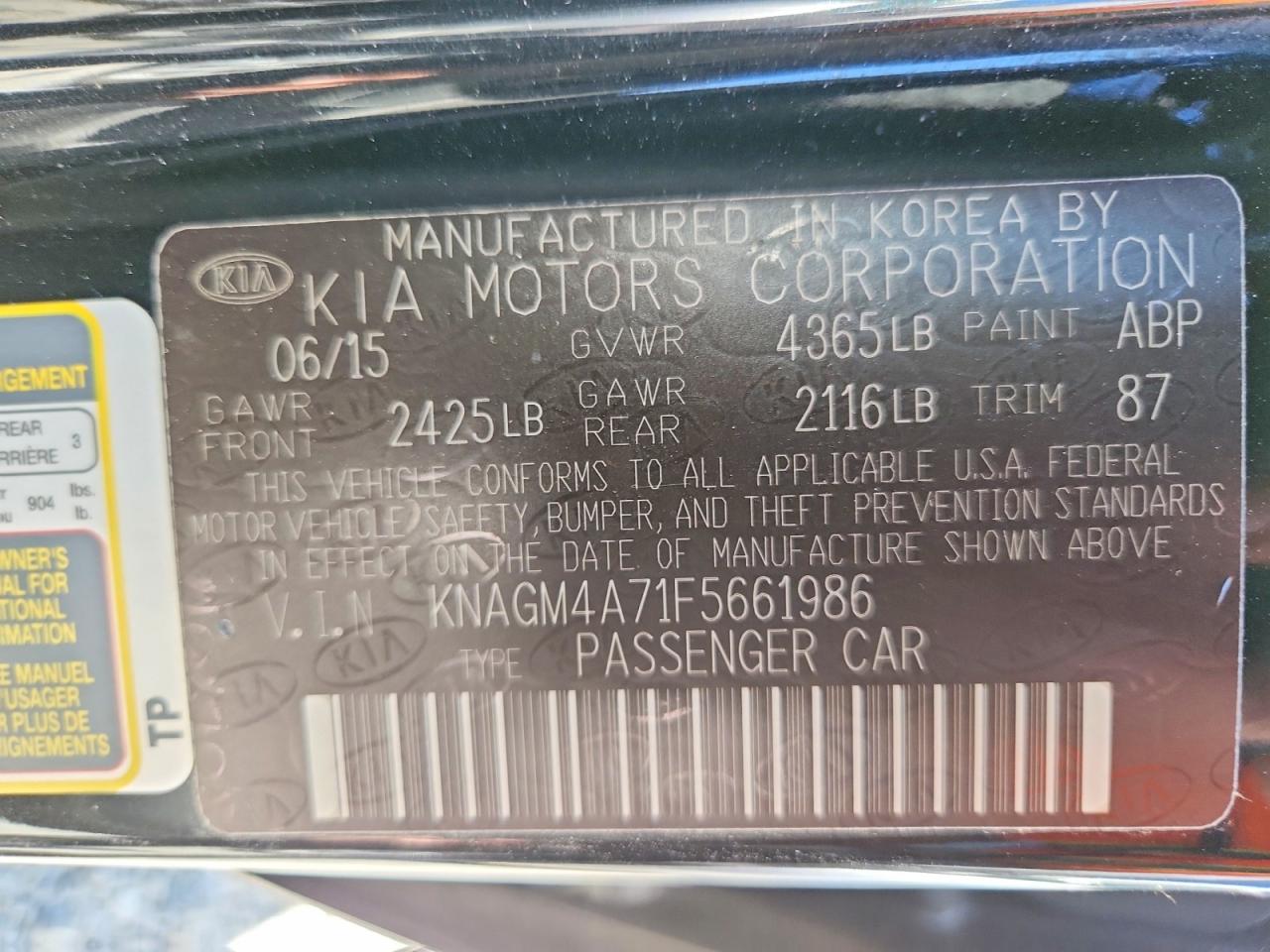 2015 Kia Optima Ex Black vin: KNAGM4A71F5661986