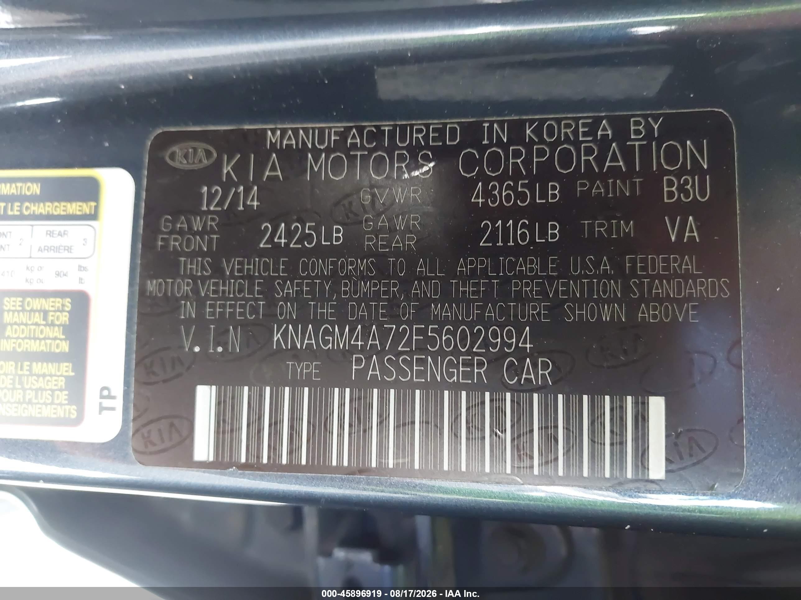 2015 Kia Optima Lx Gray vin: KNAGM4A72F5602994