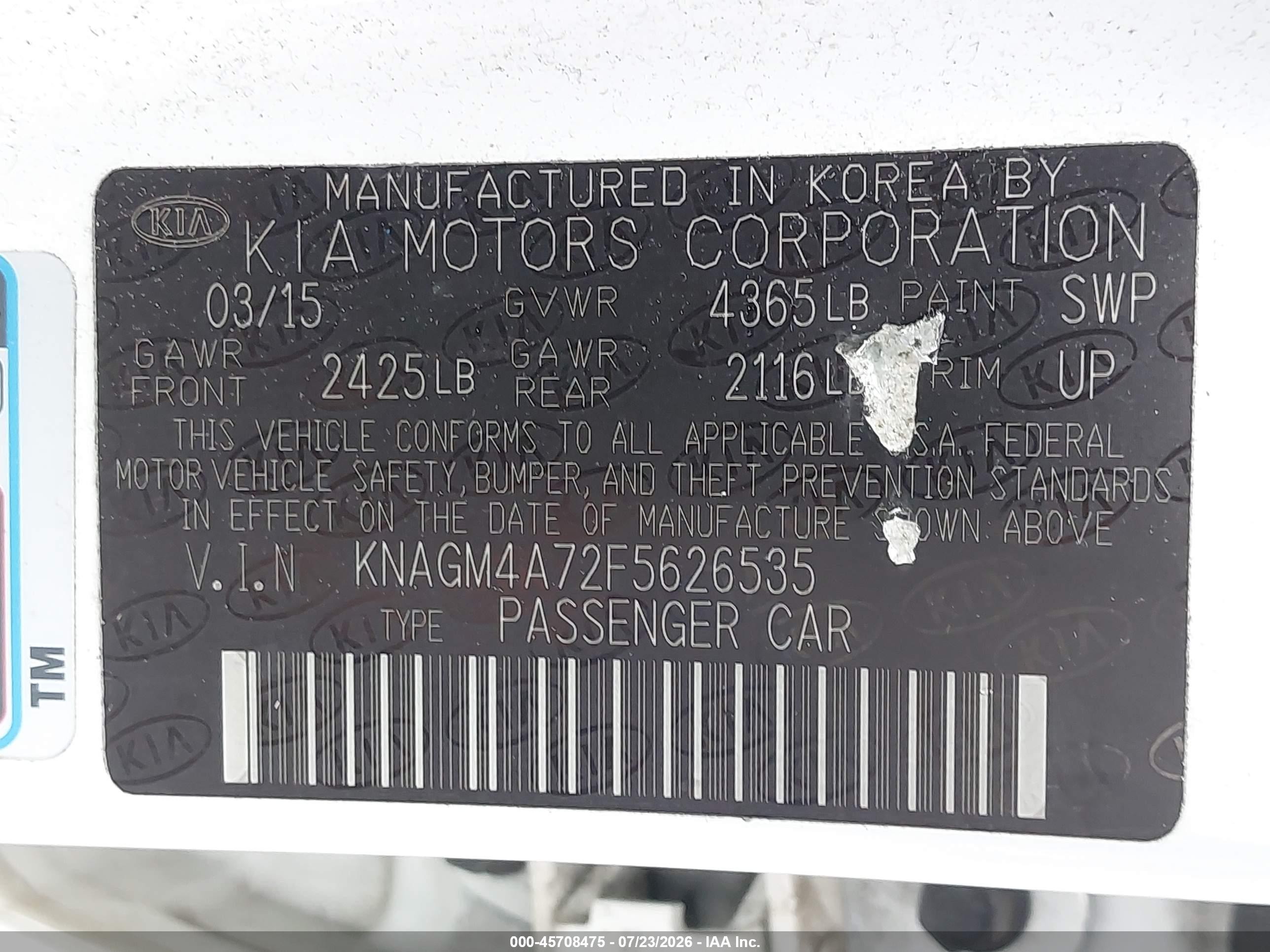 2015 Kia Optima Lx White vin: KNAGM4A72F5626535