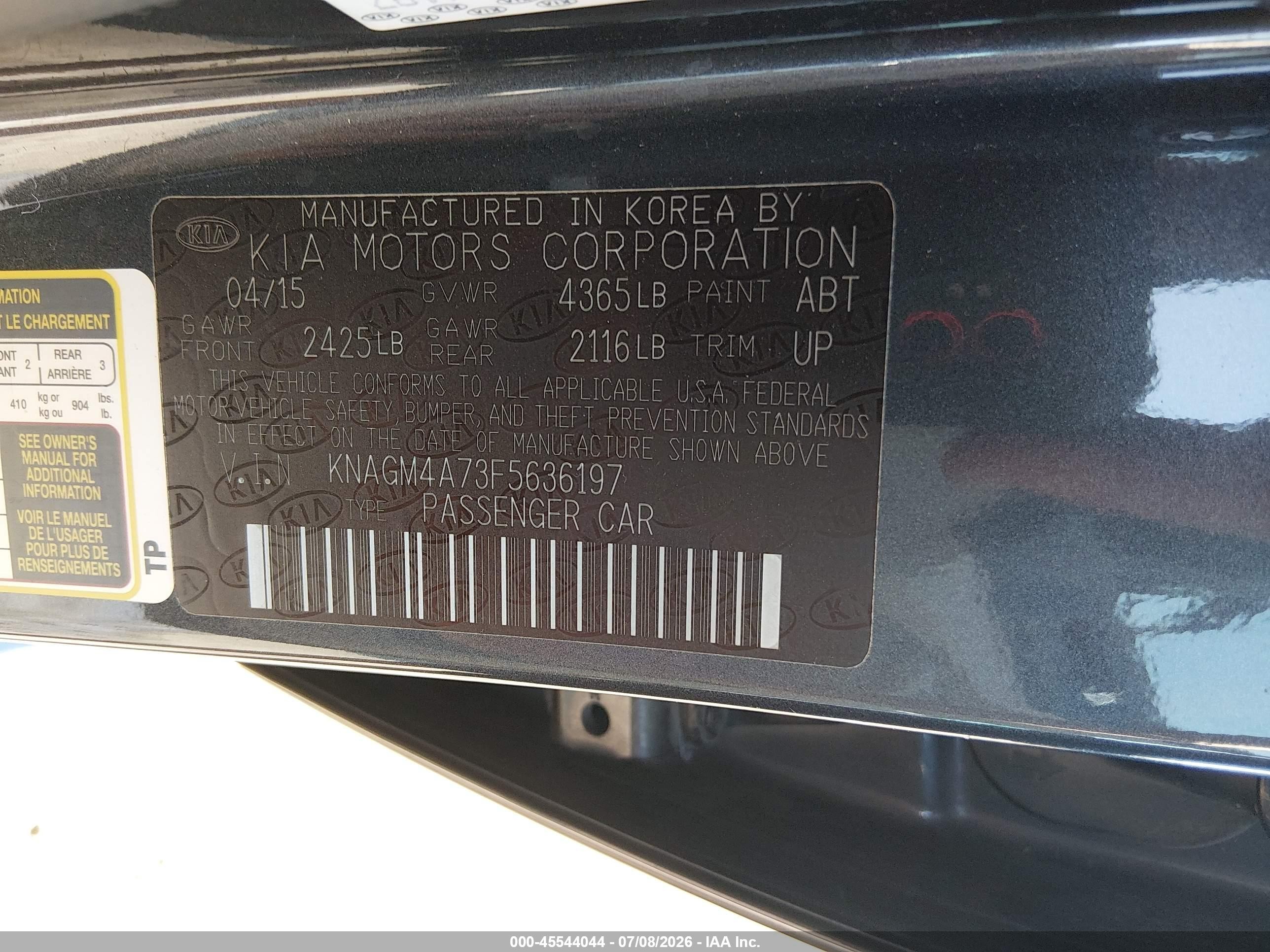 2015 Kia Optima Lx Gray vin: KNAGM4A73F5636197