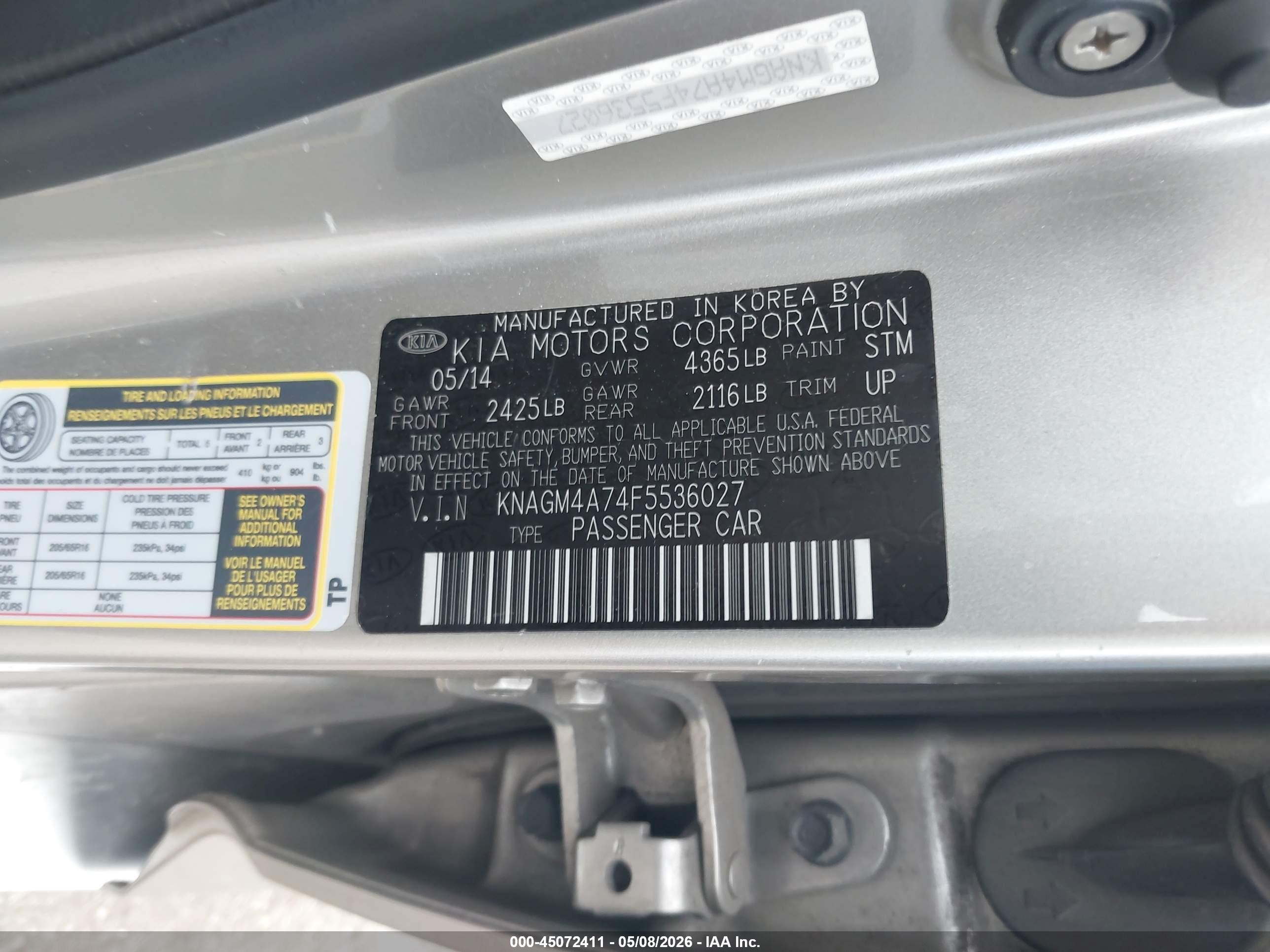 2015 Kia Optima Lx Gray vin: KNAGM4A74F5536027