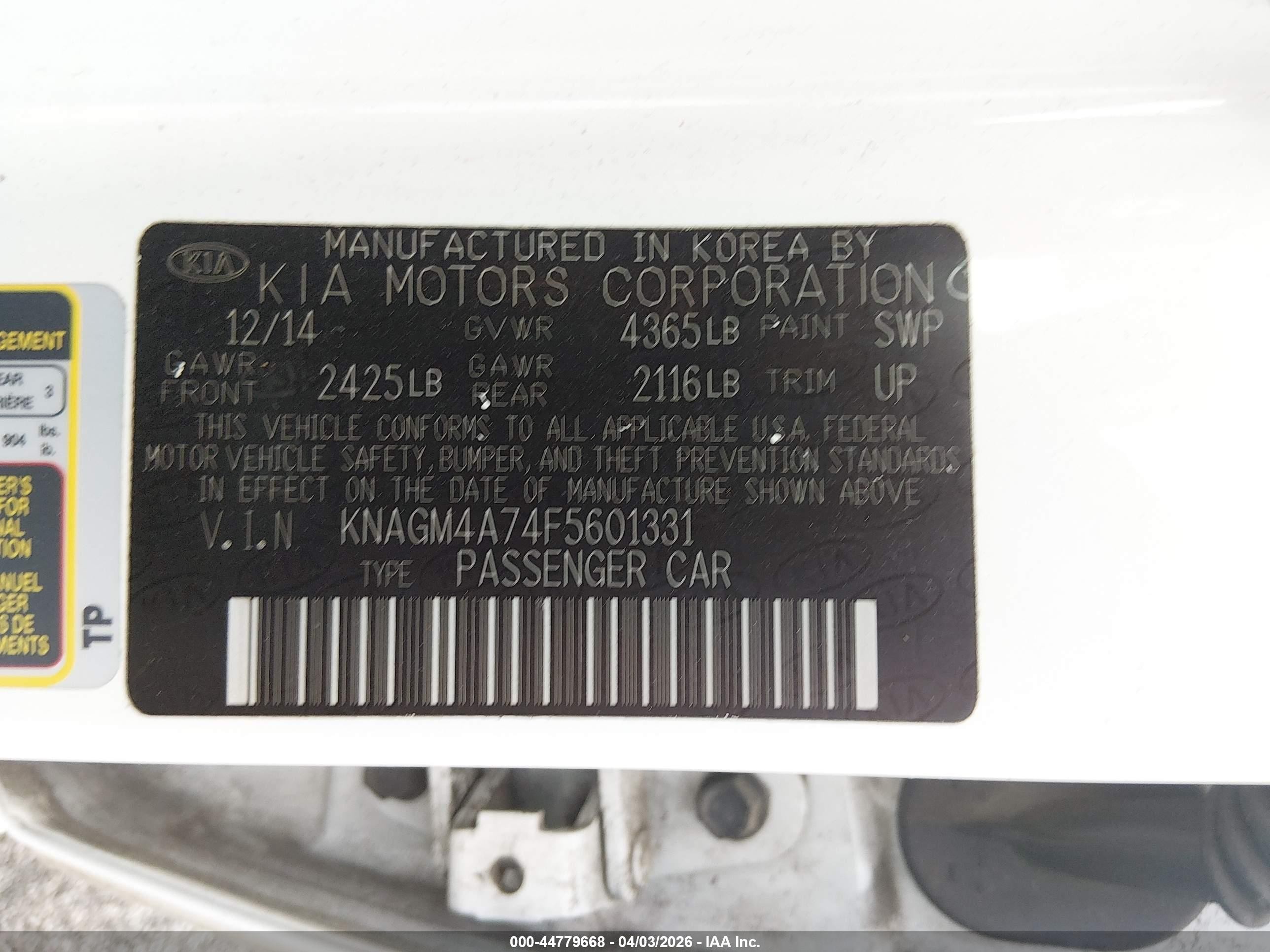 2015 Kia Optima Lx White vin: KNAGM4A74F5601331