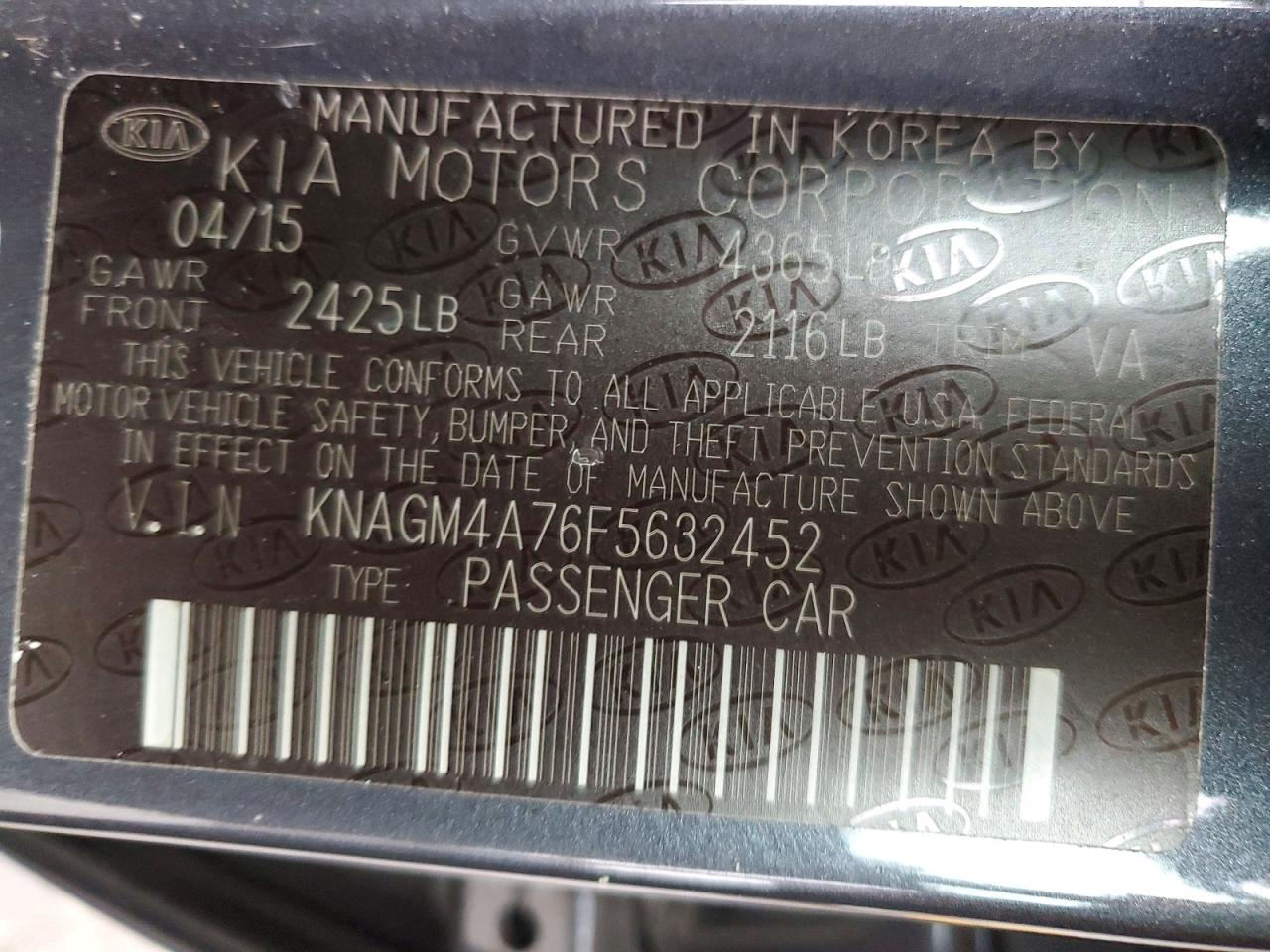 2015 Kia Optima Lx Gray vin: KNAGM4A76F5632452