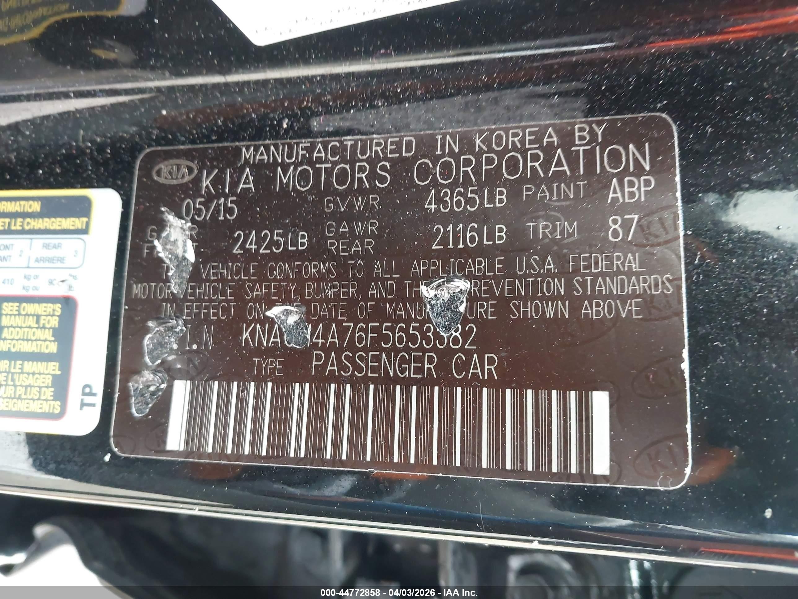 2015 Kia Optima Lx Black vin: KNAGM4A76F5653382