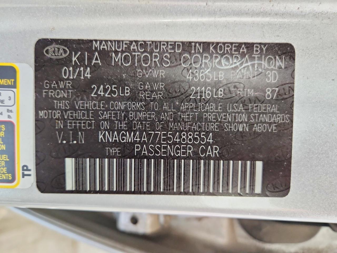 2014 Kia Optima Lx Silver vin: KNAGM4A77E5488554