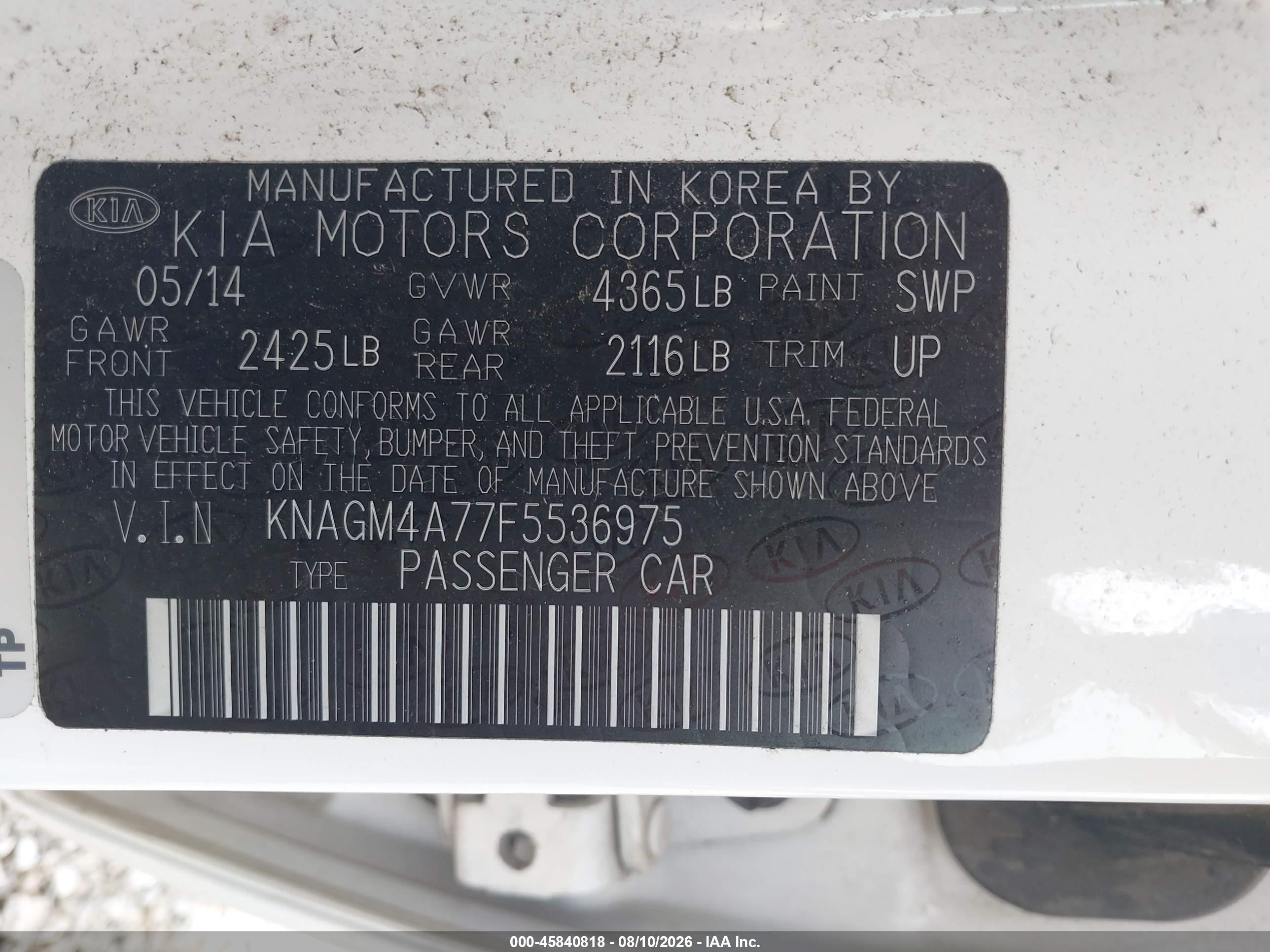 2015 Kia Optima Lx White vin: KNAGM4A77F5536975
